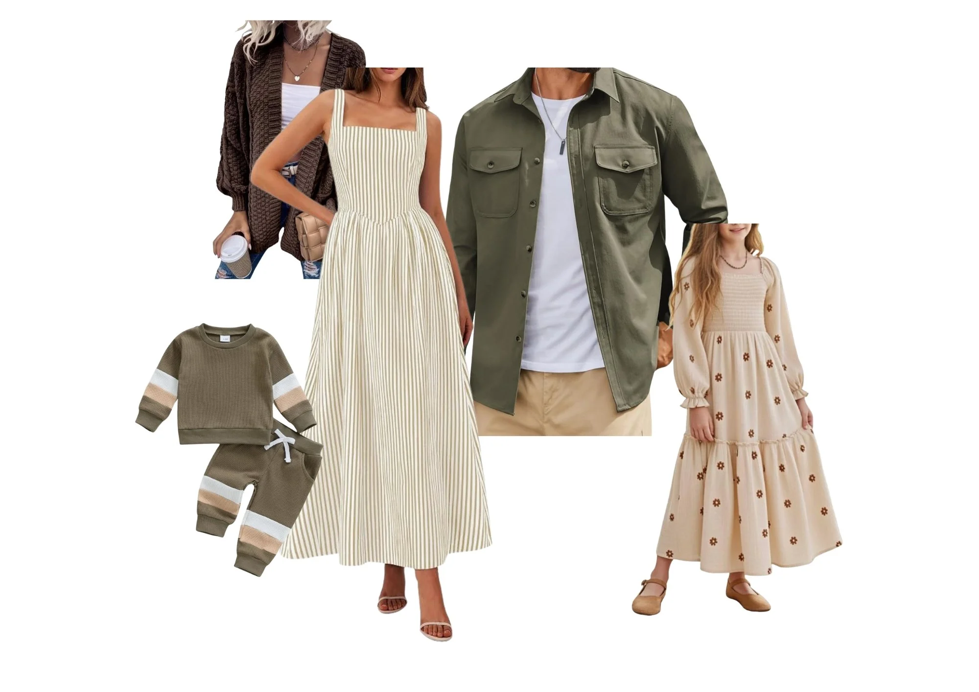 Family wearing cozy rust, cream, olive, and denim outfits for fall pictures