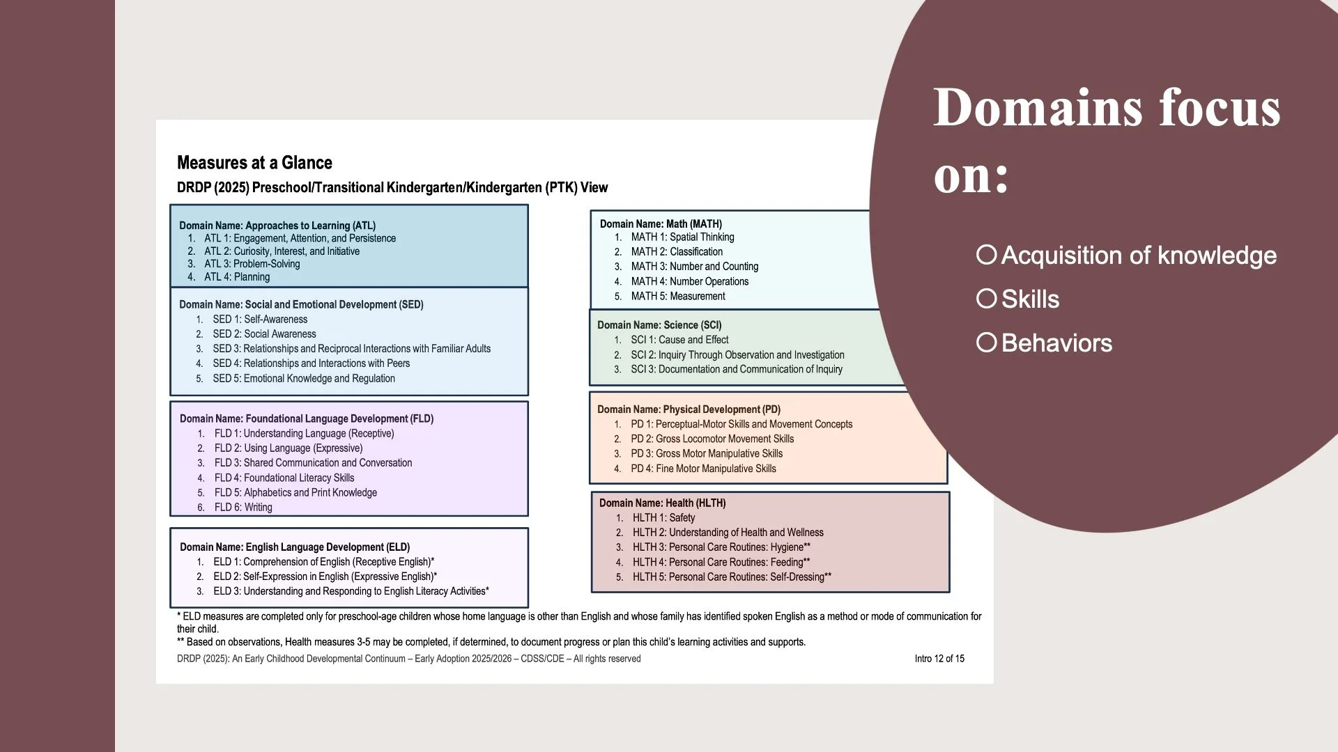 Visual of the Measures at a Glance for the PTK DRDP View displaying the domains focus on acquisition of knowledge, skills and behaviors