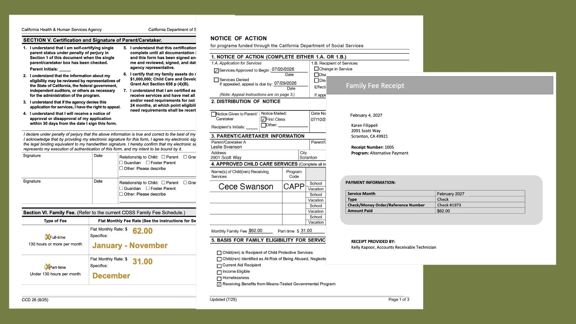 Example of family fee records showing an application, a notice of action, and a receipt for payment.