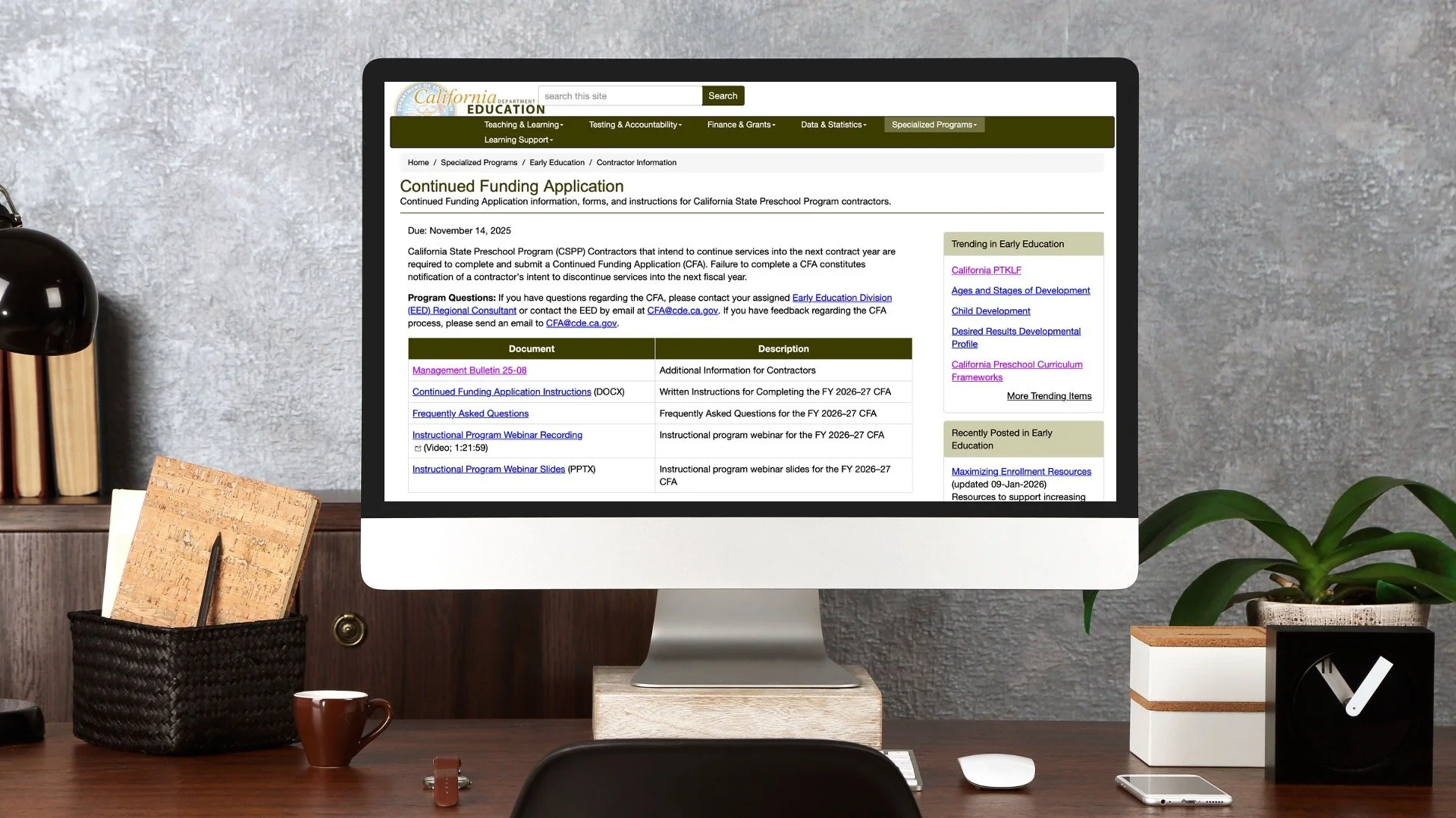 Visual of the CFA webpage for 26-27 Fiscal Year