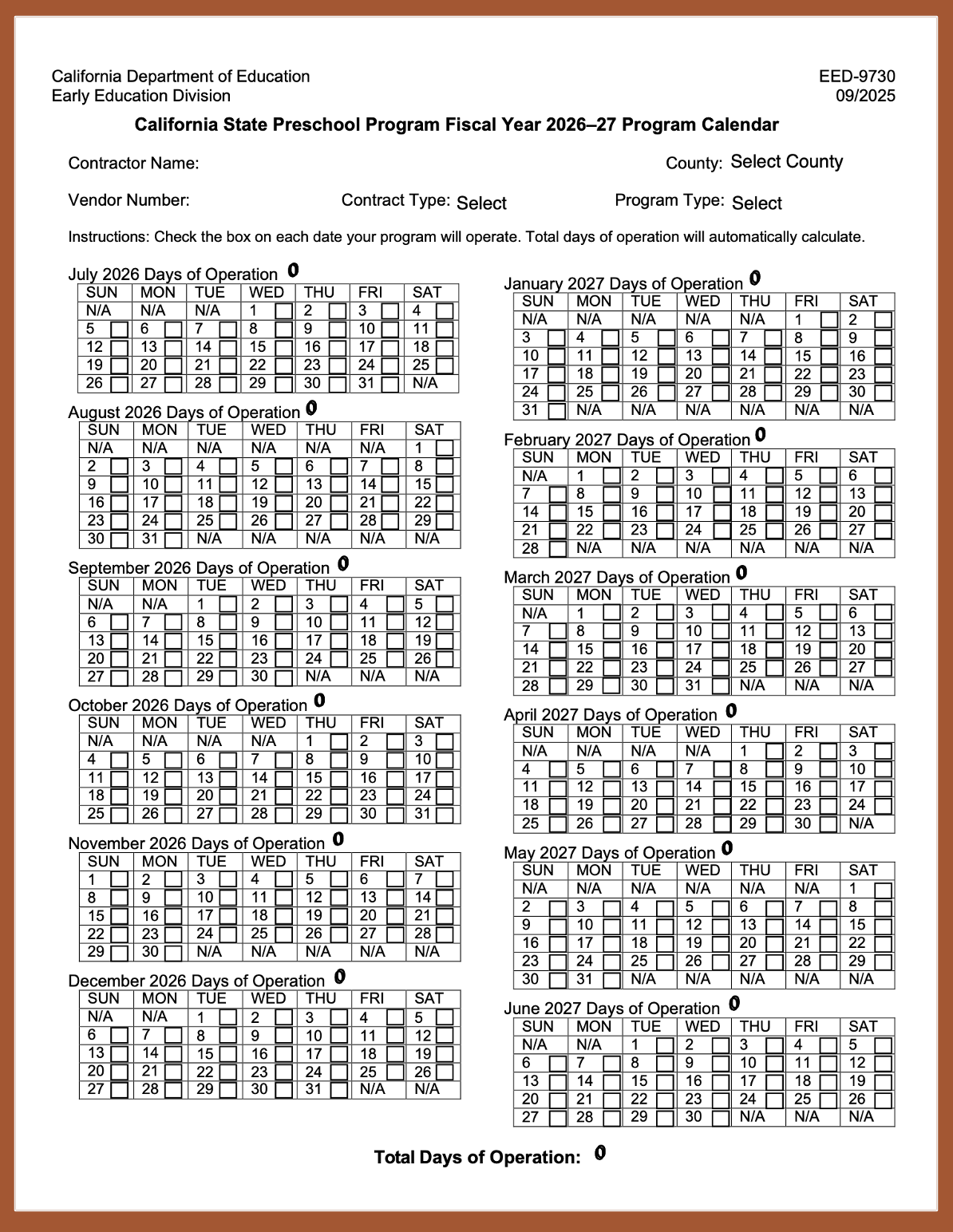 Sample Program Calendar Form