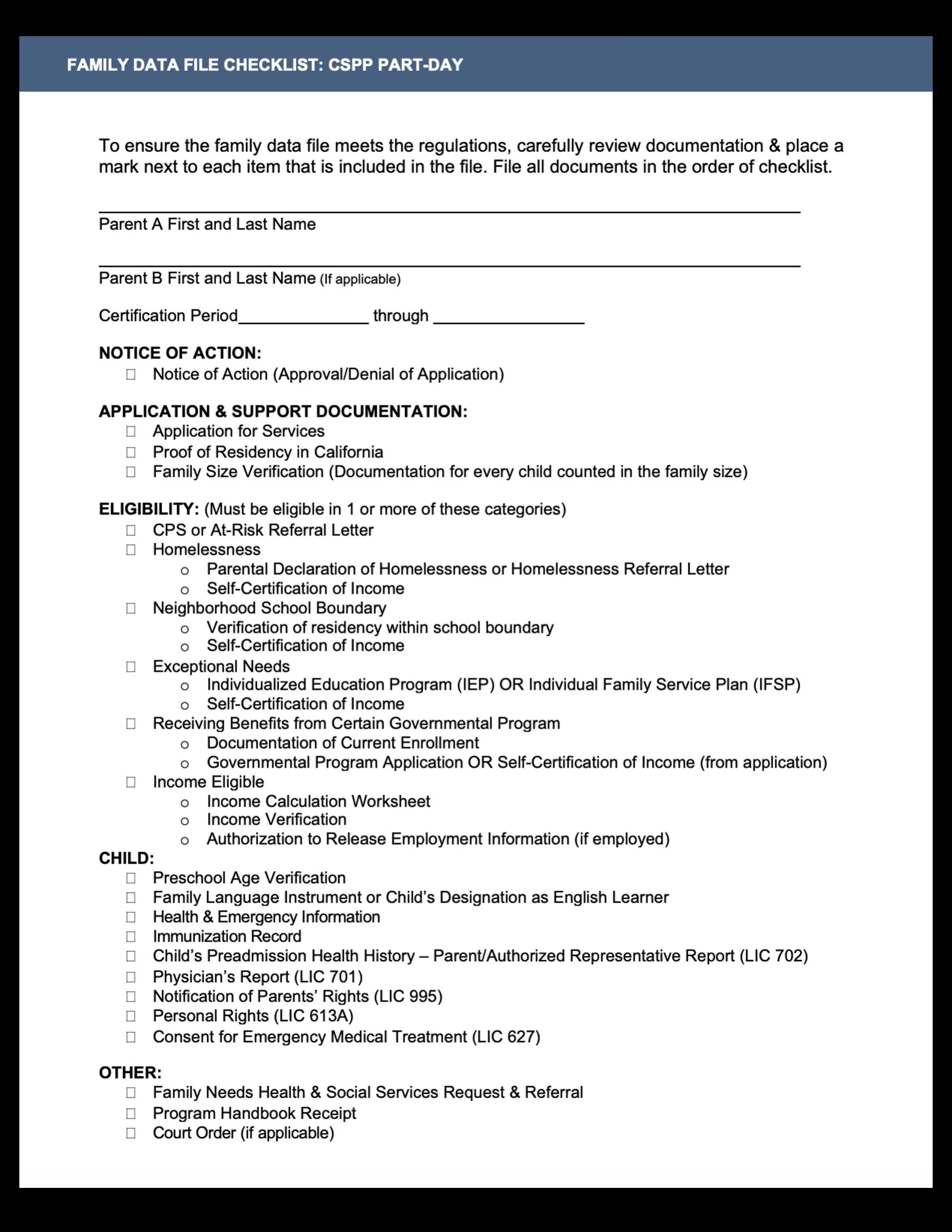 Sample family data file checklist for families enrolled in a part-day state preschool program
