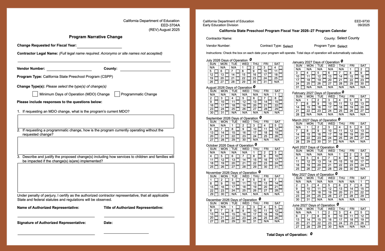 Sample of the PNC and Program Calendar Form