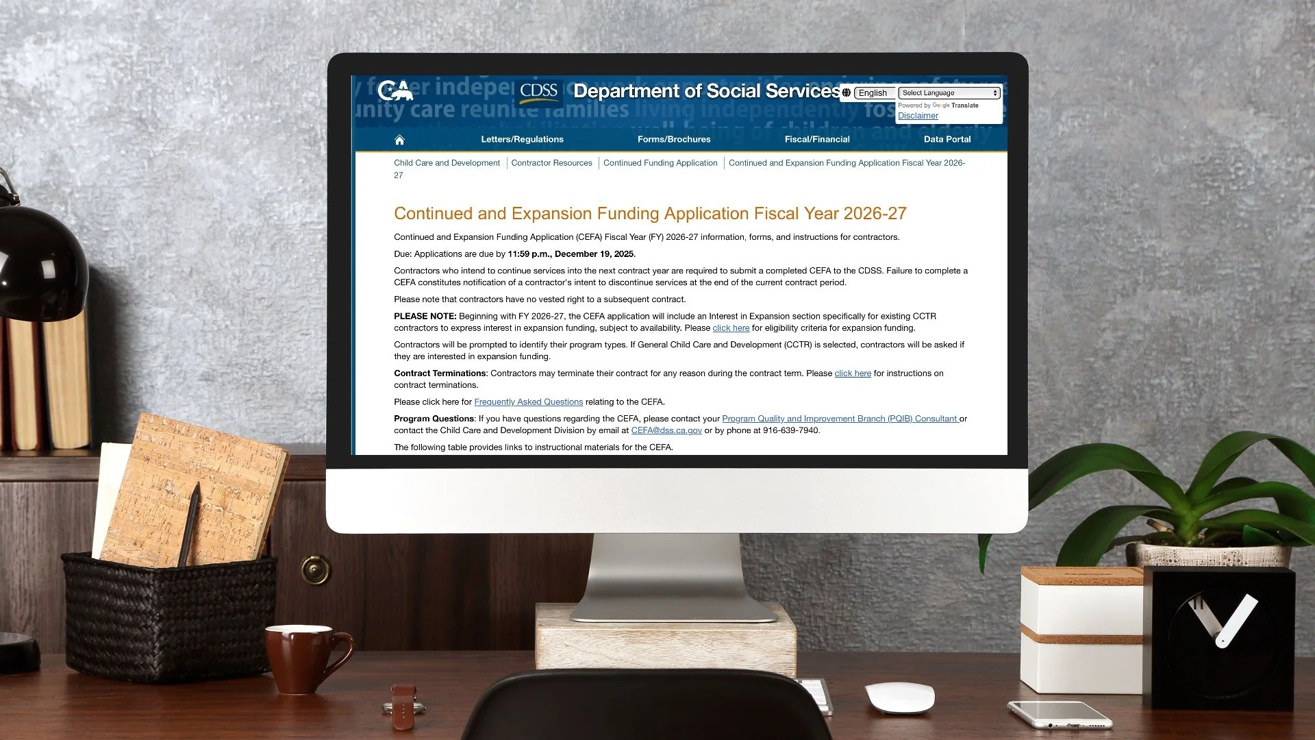 Visual of the CEFA webpage for 26-27 Fiscal Year