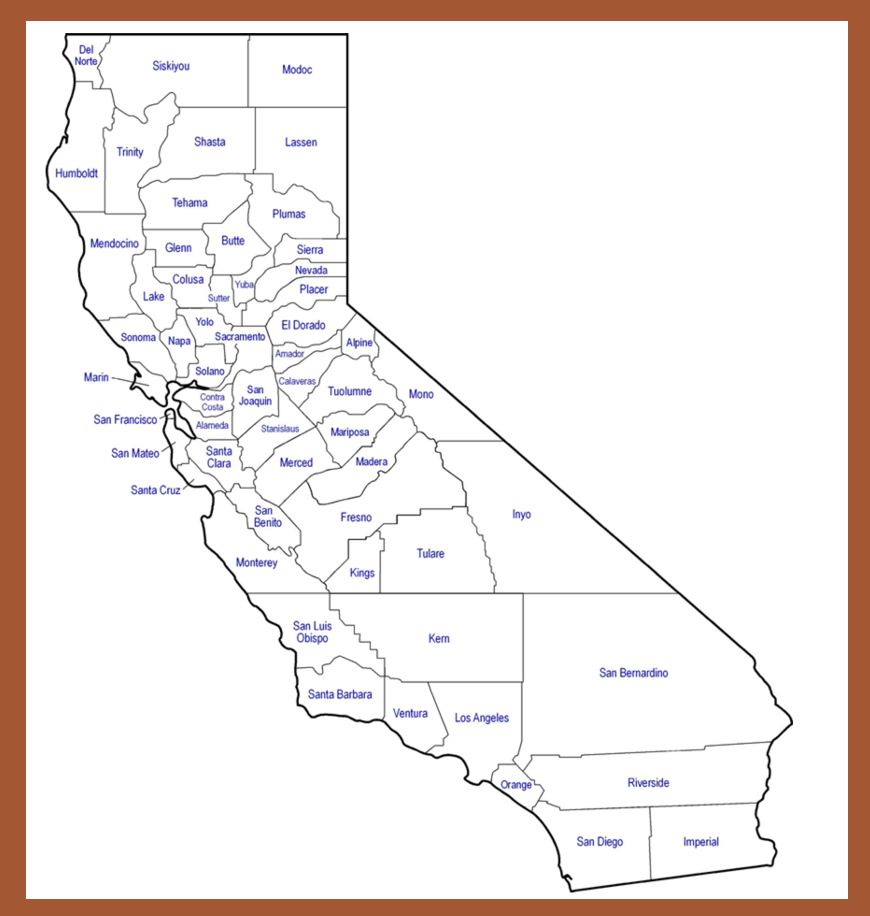 California map with counties identified