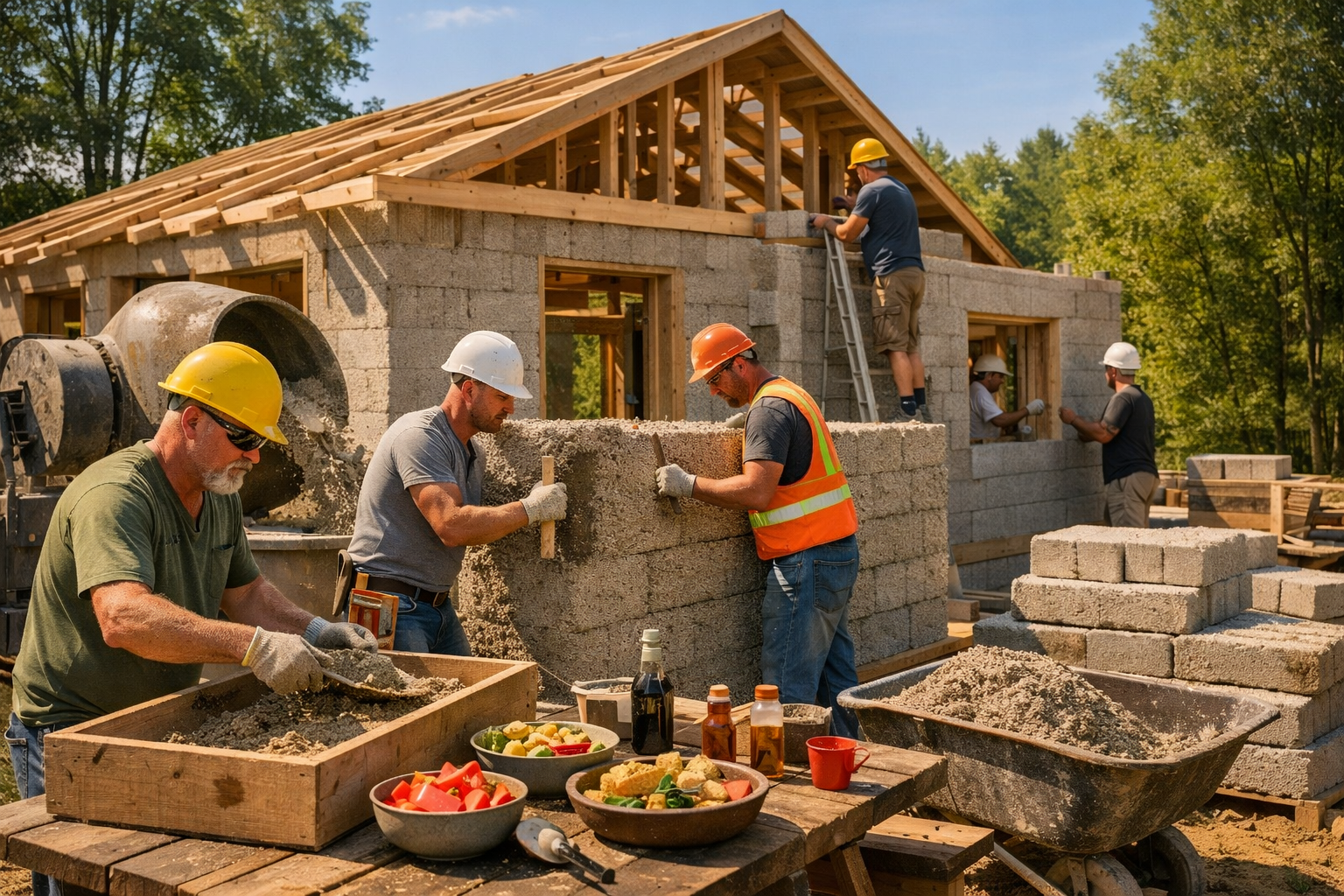 Construction workers building a hemp house.