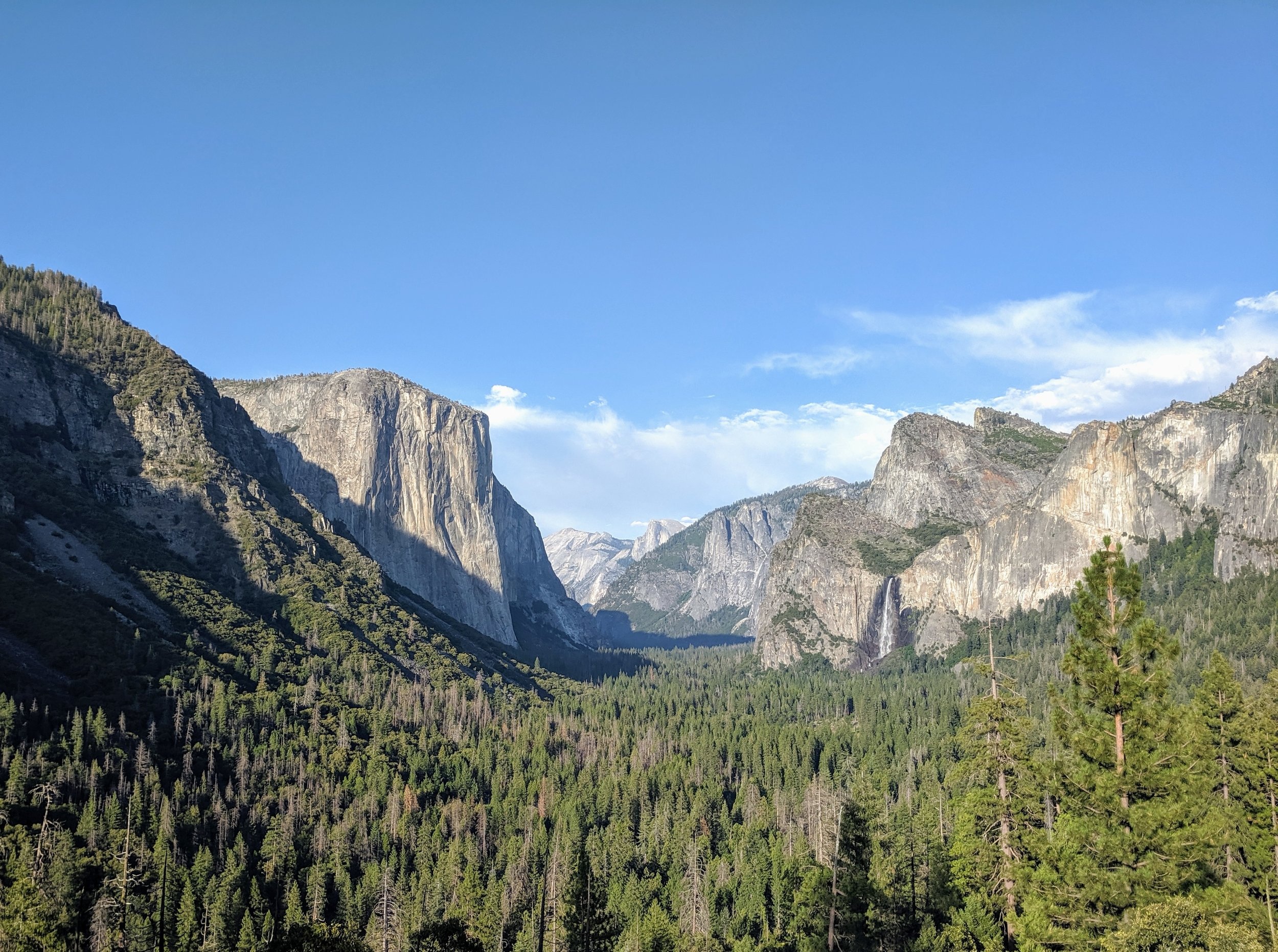  Tunnel View of Yosemite Valley.  El Capitan on the left, Half Dome in far distance, and Bridal Veil Falls on right. 
