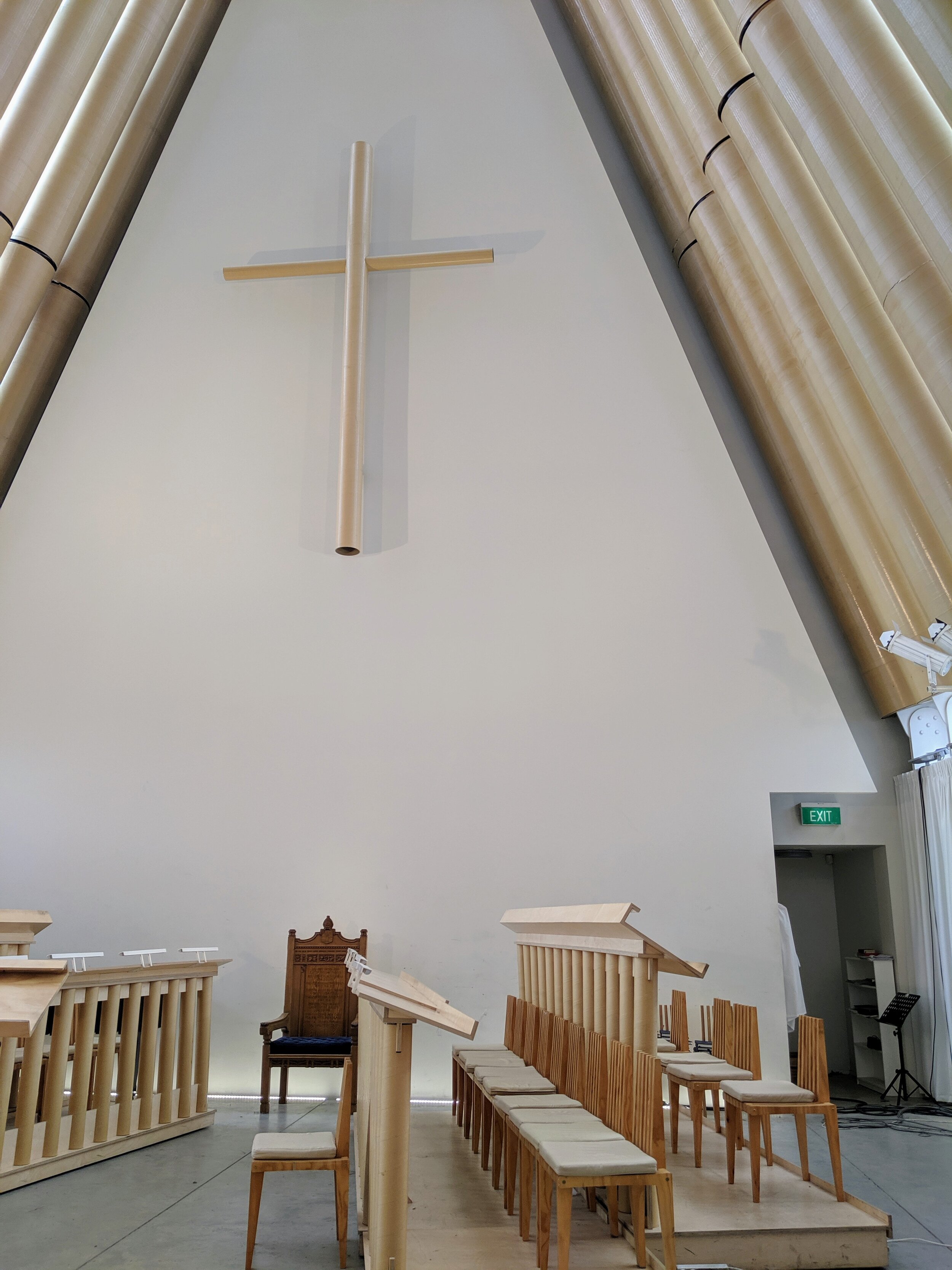  Choral stands, cross, and lecterns made from cardboard tubing in the Cardboard Cathedral in Christchurch. 