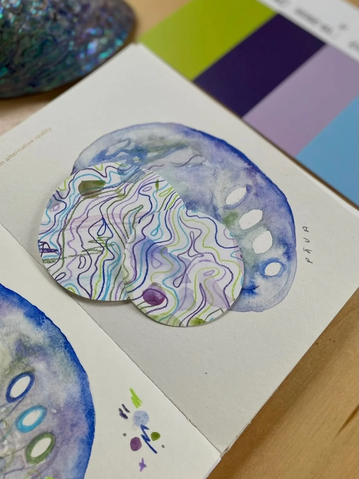 Looked at a pāua shell. 
Observed its colours. 
Noticed its lines. 
Made some circles. 
Uncomplicated creativity.