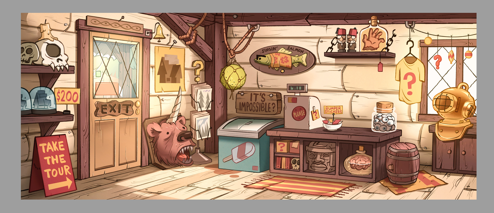 an early mystery shack gift shop bg key, painted by josh parpan for gravity falls season 1