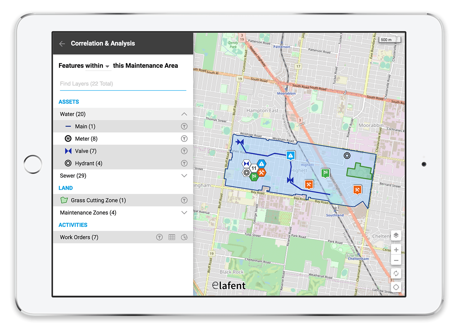  All the spatially correlated features (polygons, lines and points) that sit " within " a specific parcel of land can be easily identified and viewed dynamically. 