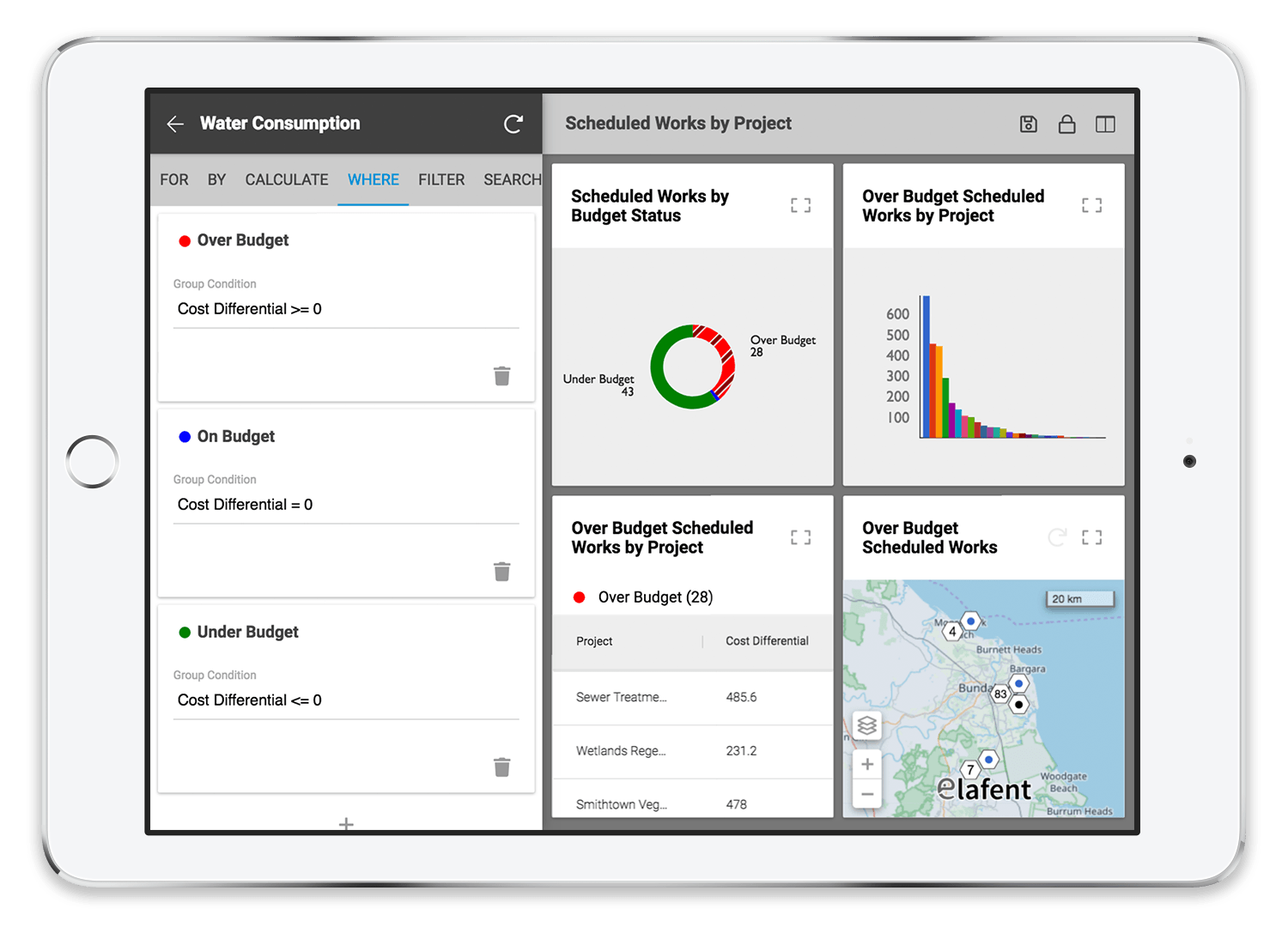 The “ Over Budget ” segment in the pie chart widget can be selected to update the linked table and spatial widgets, so only information applicable to over budget scheduled works projects is displayed 