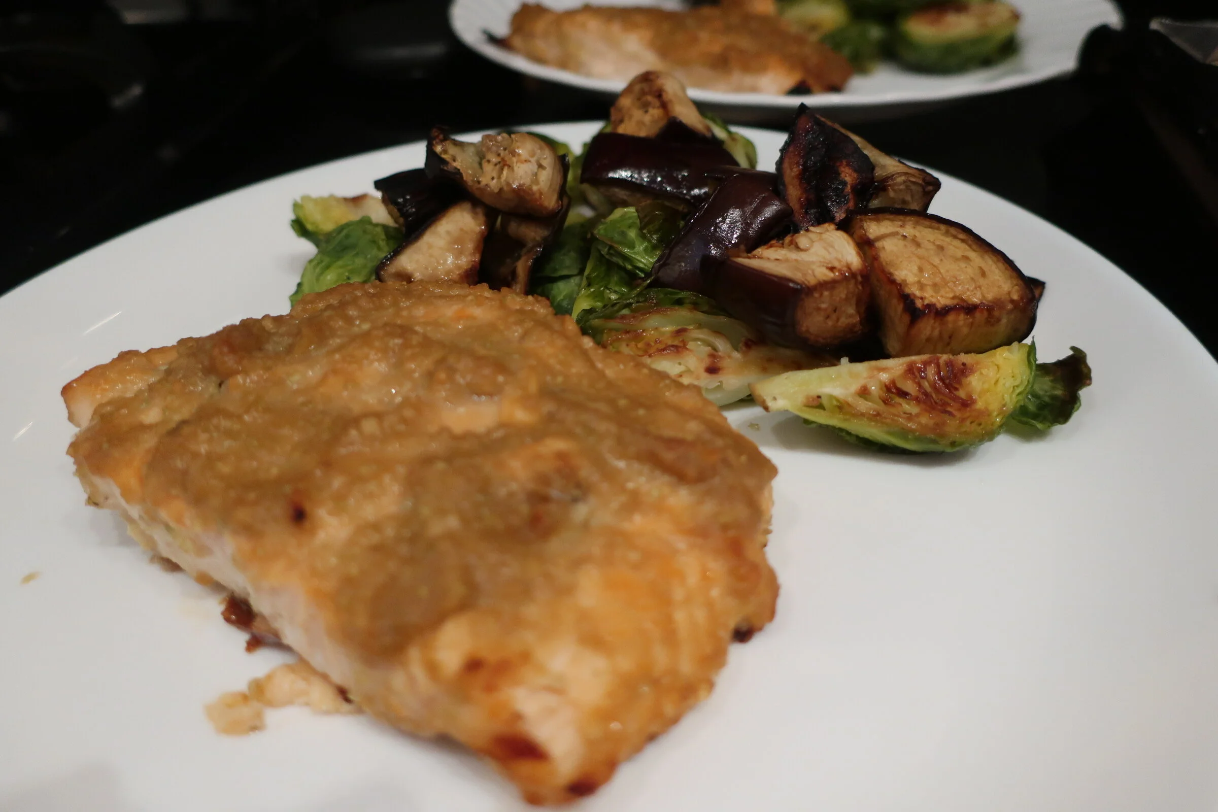 miso salmon with roasted soy eggplant and brussels sprouts 