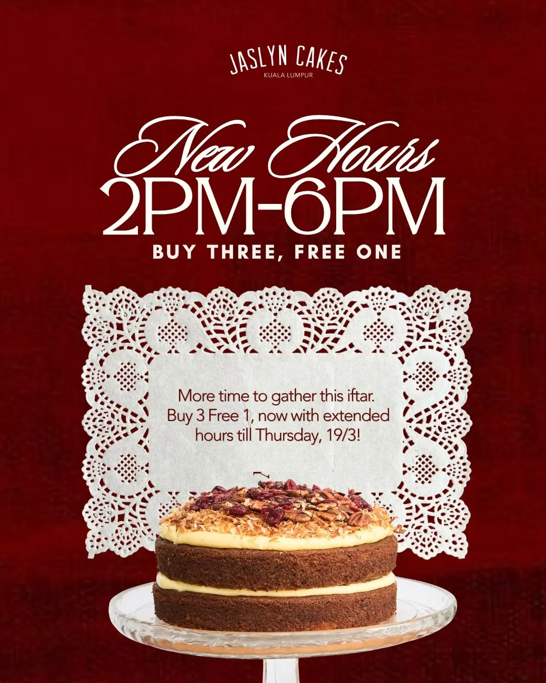 🌙 PROMO HOURS EXTENDED: 2PM&ndash;6PM!

Buy 3, Get 1 Free on all single items, from cake slices to cookies and cupcakes. 💫✨

Available daily at all Jaslyn Cakes outlets until Thursday, 19/3! Walk-ins only. No pre-orders. While stocks last.