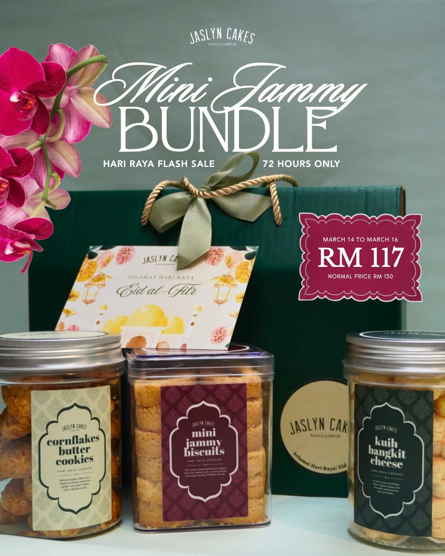 🌙 To celebrate the final days of Ramadhan, enjoy a FLASH SALE on our newly launched Mini Jammy Bundle! ✨

Enjoy two of our new Raya cookie flavours: Cornflakes Butter Cookies and Kuih Cheese Bangkit paired with our classic, most-loved mini Jammy Bis