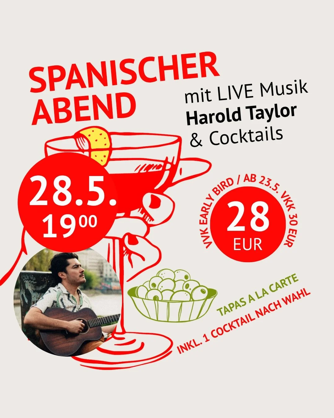 Schon zum dritten Mal freuen wir uns auf einen superl&auml;ssigen Abend mit @taylorharold!
Lisa kreiert k&ouml;stliche Cocktails und spanische Spezialit&auml;ten sind auf Euren Tellern! Und es wird bestes Schanigarten Wetter geben! Tickets im Vorverk
