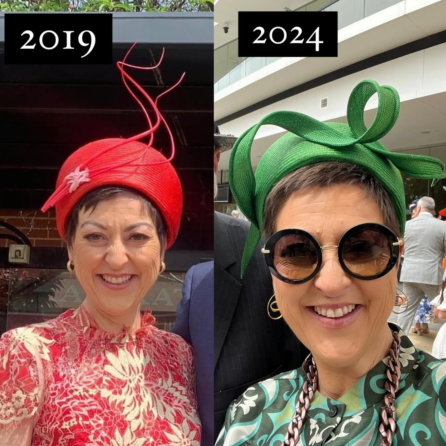 Justine was well ahead of this year&rsquo;s pillbox trend.

After getting the red bouffant pillbox custom made 5 years ago, she reached out for another 2 this year. 

 A custom dyed green square shaped pillbox and another bouffant in black.

#pillbox
