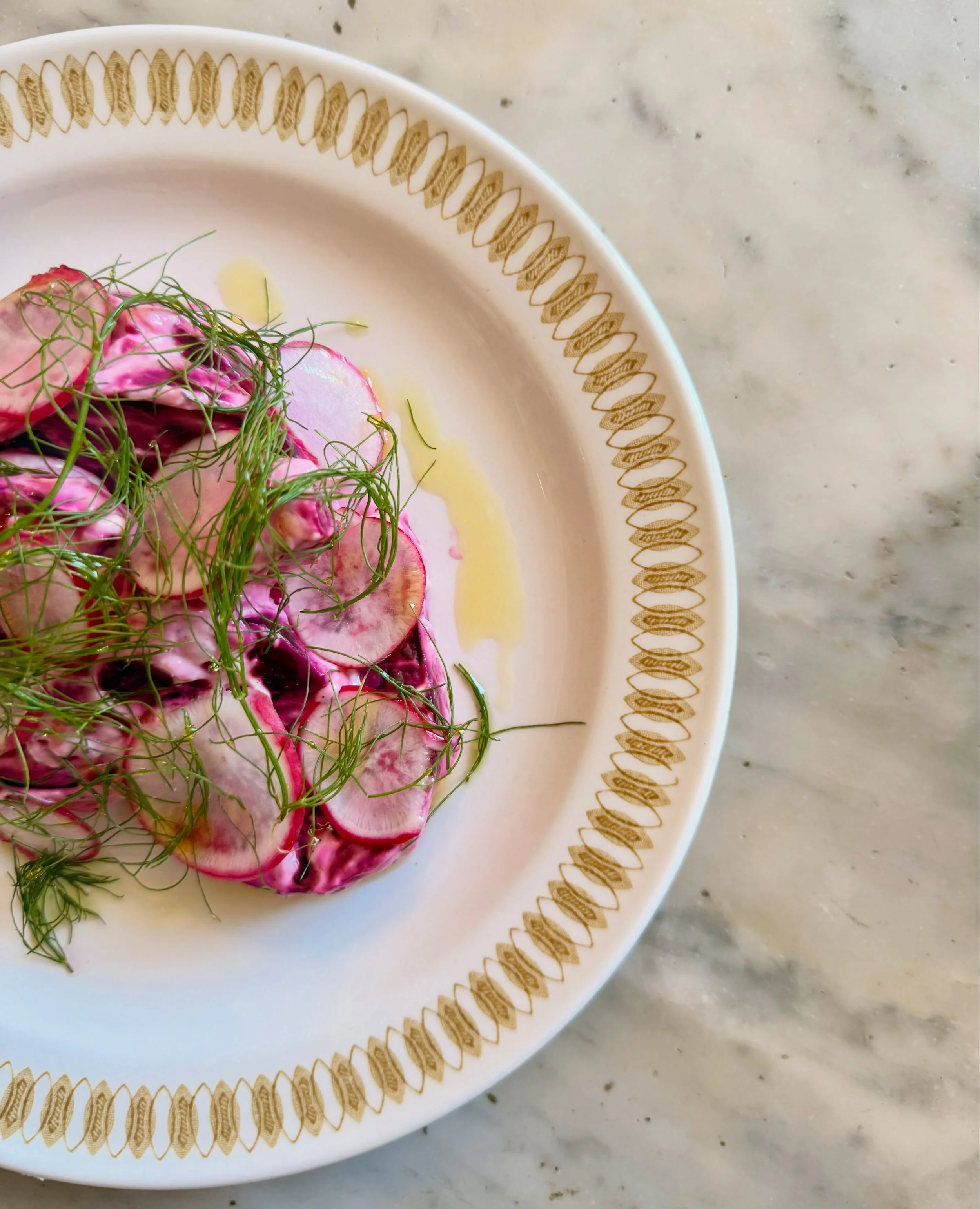 Beetroot, cr&egrave;me fraiche, radish, herbs 

This one&rsquo;s a little special. 
Not only is it deliciously fresh and cooling (perfect for the super hot days we&rsquo;ve been having), it&rsquo;s a dish put together using incredible ingredients tha