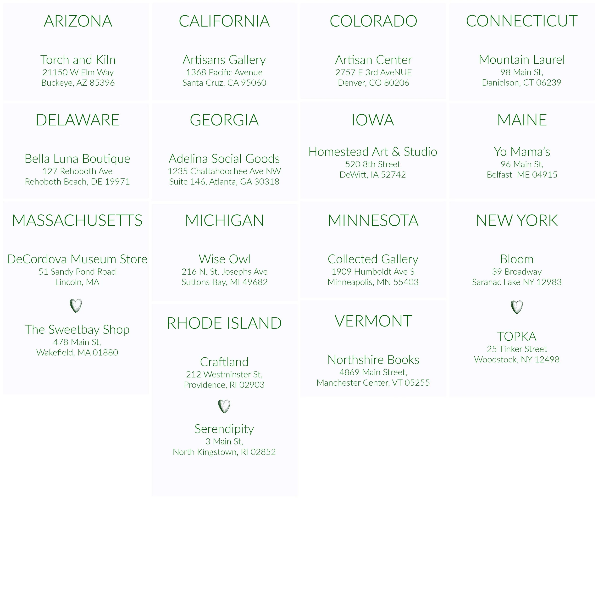 A list of art galleries and shops in various states, each with their name and address, organized by state and highlighted with small heart icons.