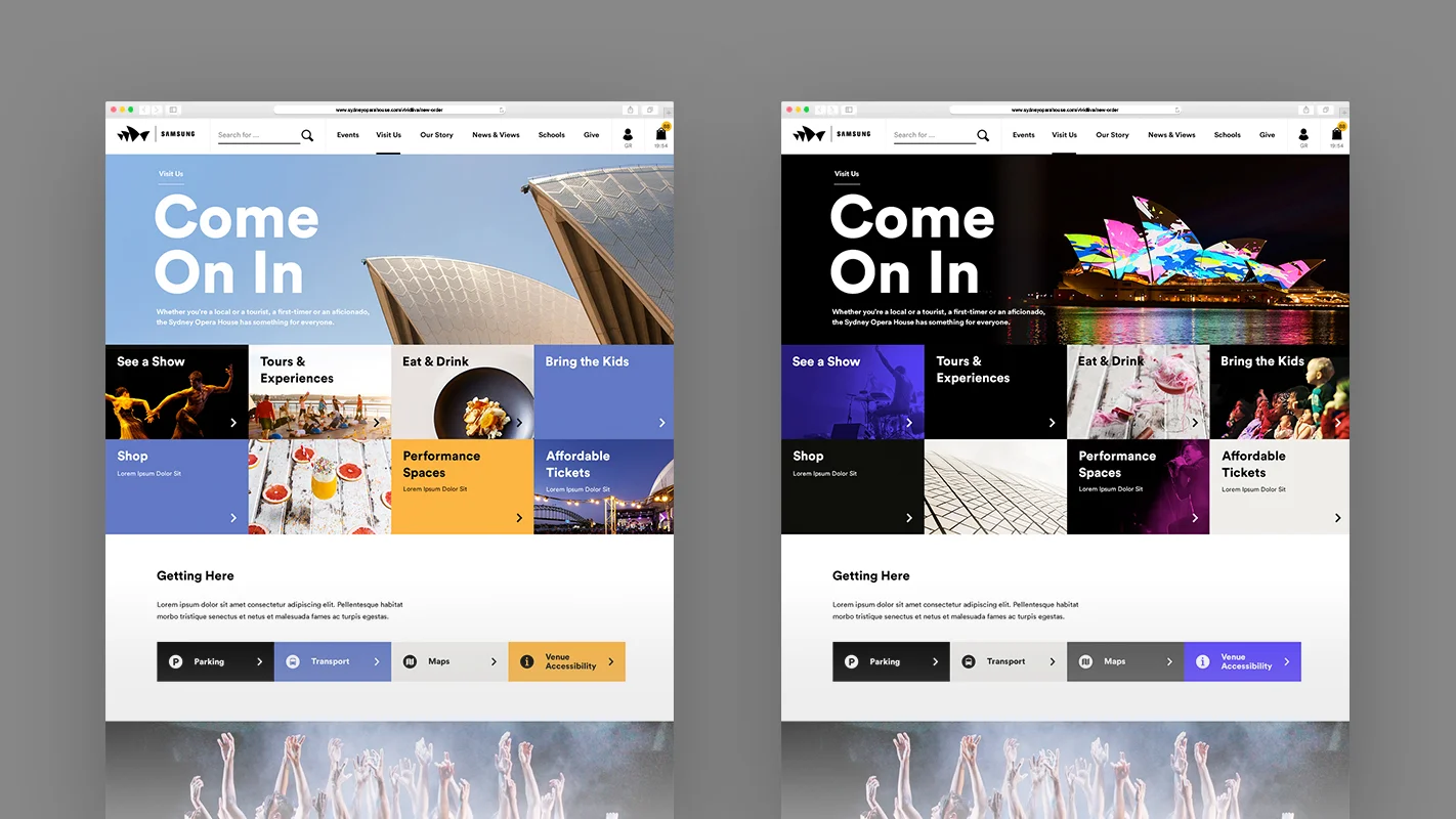 A suite of versatile components were designed to allow pages to capture the spirit of any type of performance, mood of any festival and even the feeling of any season - in this case Summer or Winter.