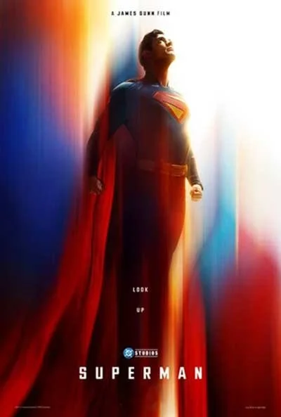 Abstracted light waves around a full body Superman flying upwards, text reads "A James Gunn Film, Look Up"