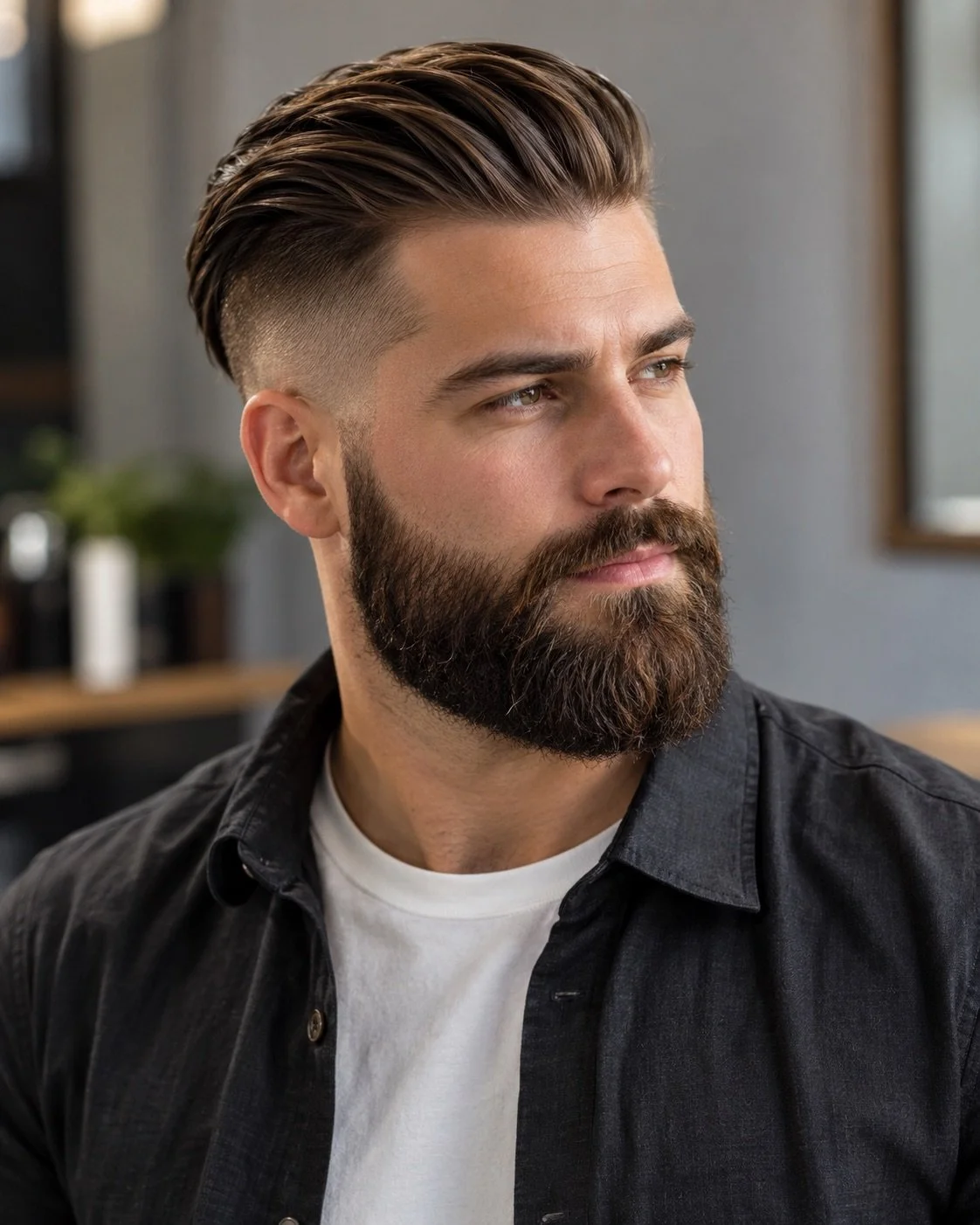 Slicked-Back Undercut With a Thick Beard