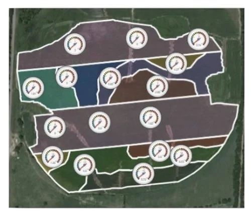 Some types of Dynamic VRI require a high density soil moisture sensor system within the field. Each gauge above represents a sensor located within a different irrigation management zone.