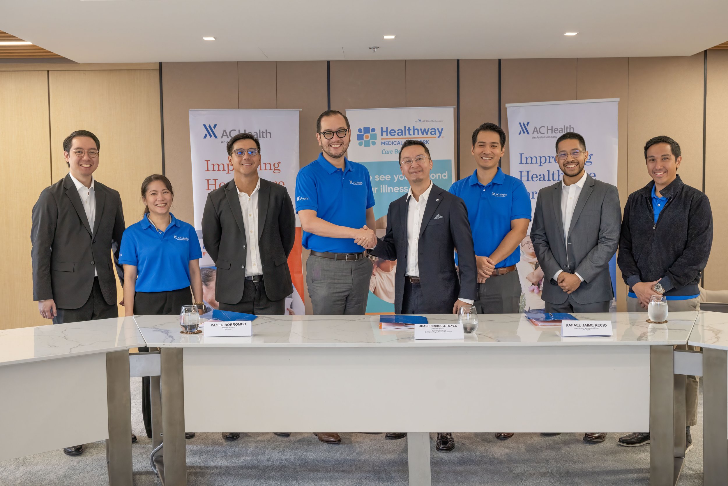   IN PHOTO (L to R): Kevyn Reyes, FEU-NRMF Chief of Staff; Atty. Lauren Go, AC Health Chief Legal Counsel; Joey Reyes, FEU-NRMF Chief Human Resources Officer; Paolo Borromeo, AC Health President and CEO; Juan Enrique Reyes, FEU-NRMF President and COO; RJ Recio, AC Health Chief Strategy and Investment Officer; Kij Reyes, Supply Chain Management Head; EJ Cruz, AC Health Corporate Strategy and Business Development Manager  