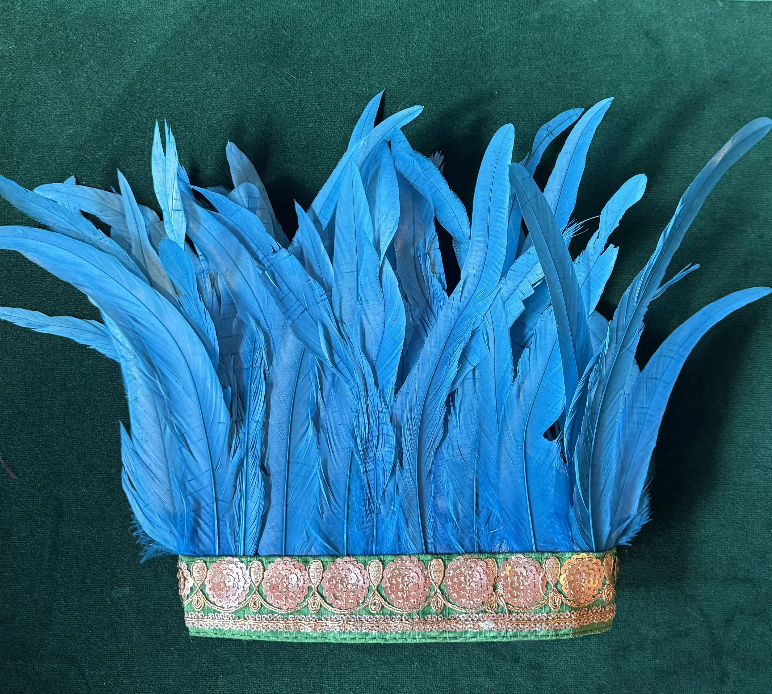 Turquoise with Emerald Green and Gold sequin trim Feathered Crown