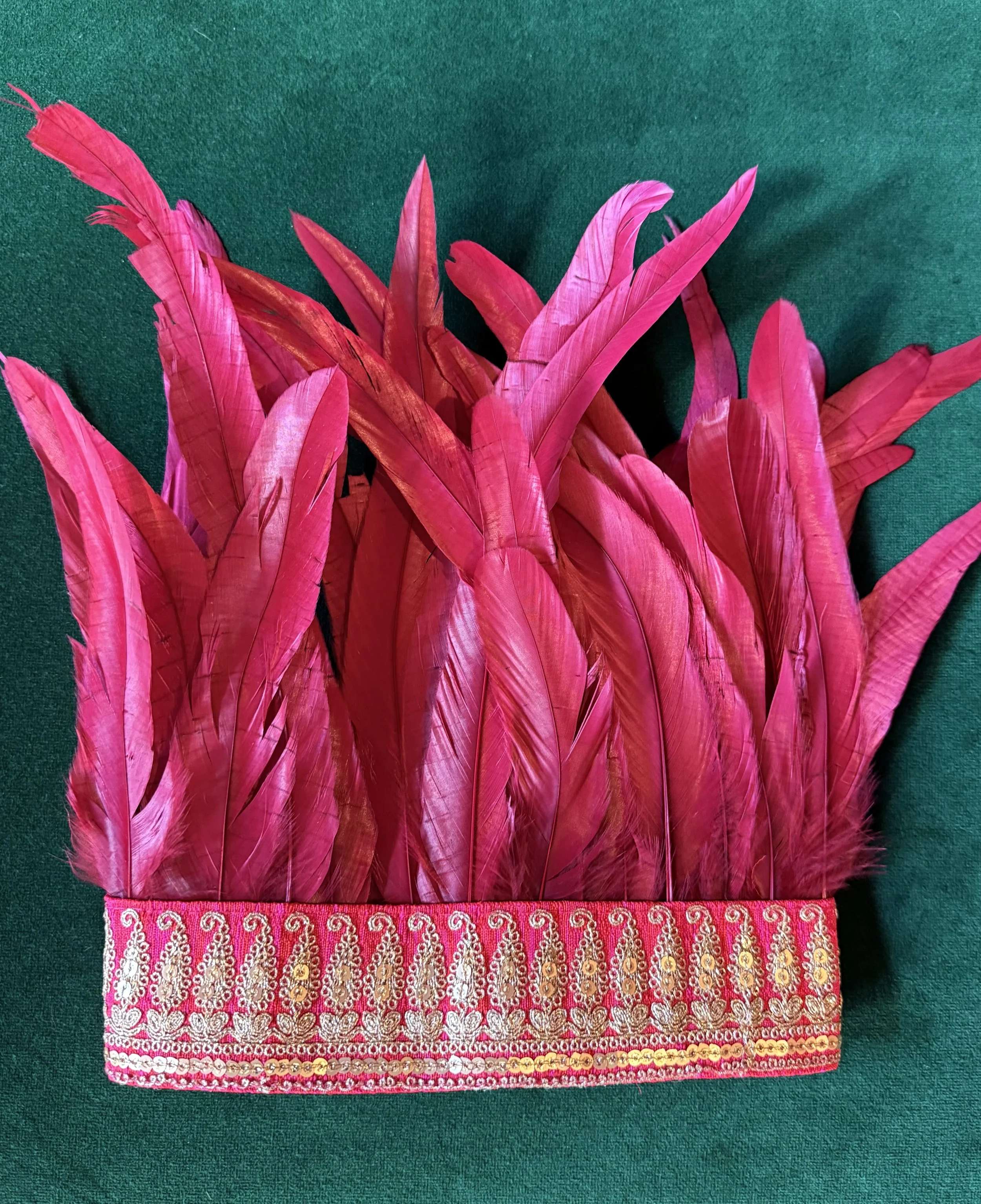 Cherry Red with Red and Gold Sequin Trim Feathered Crown.
