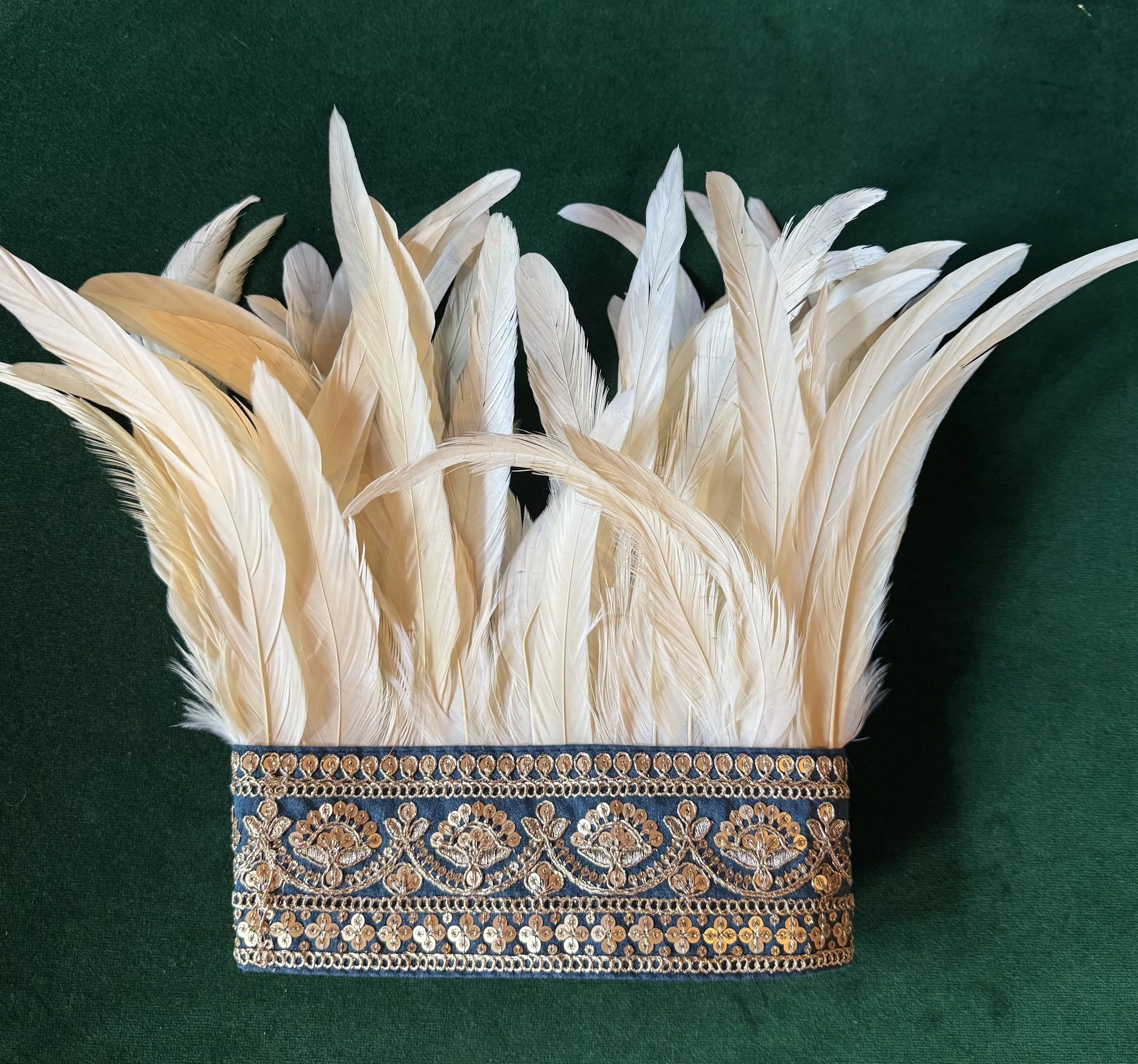 Cream with Dark Blue and Gold Sequin Feathered Crown