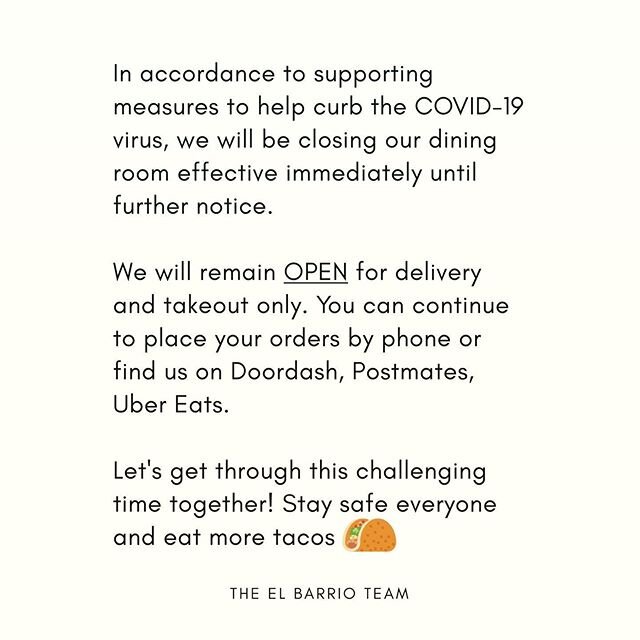 We will remain open for delivery and takeout only until further notice. Keep calm and eat tacos. Let&rsquo;s shake this virus together.