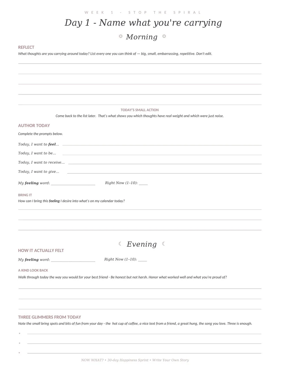 The Day 1 page of the workbook, with morning and evening prompts