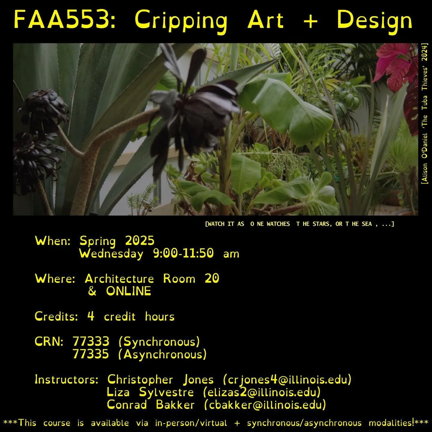 Brand new course this Spring 2025 semester! Art/Design + Cripistemology!

Cripping Art &amp; Design engages the applied research strategies, creative methodologies, and disciplinary conventions of Art and Design fields via the Crip* principles. This 