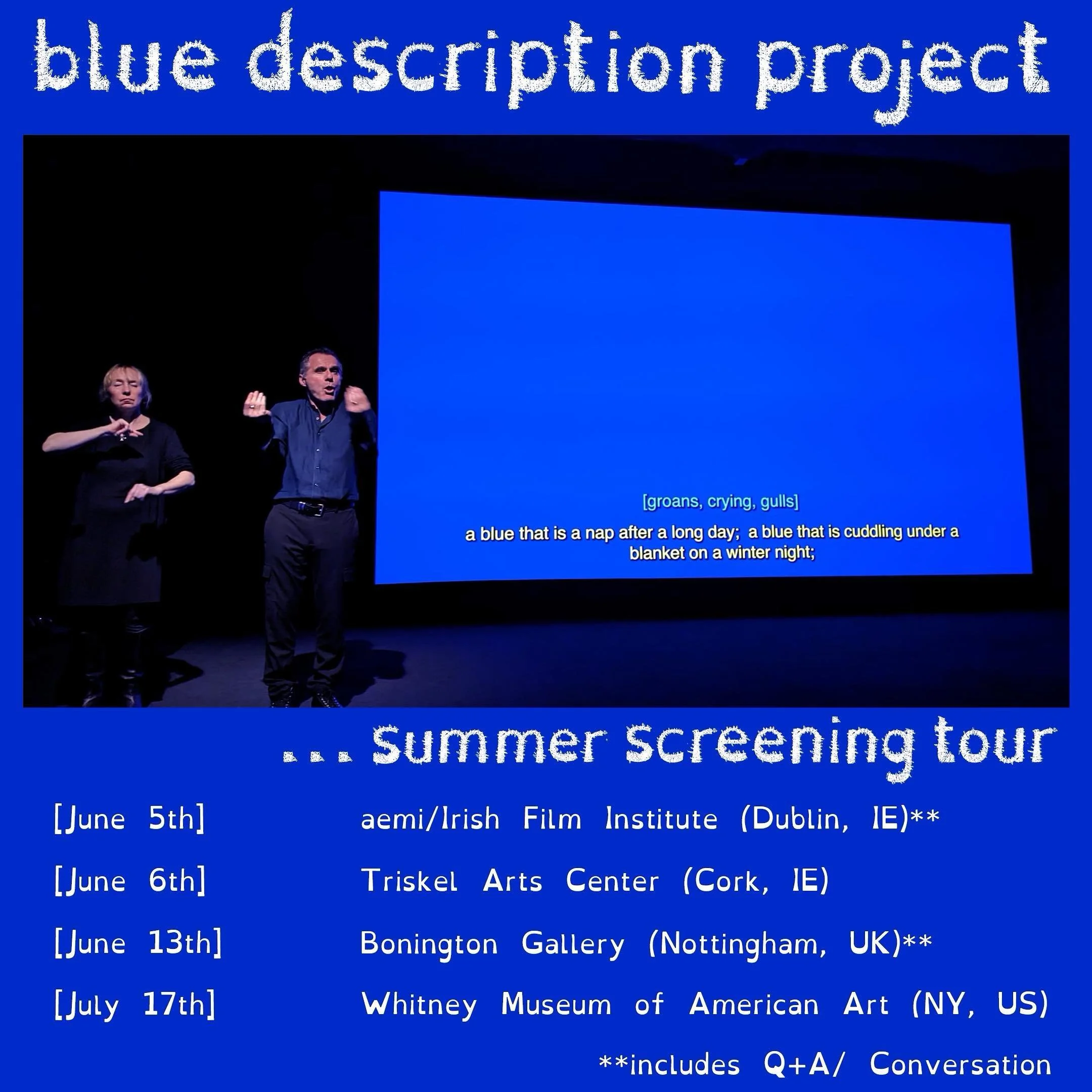 The Blue Description Project (BDP) summer screening tour begins next week in Dublin with a screening at @irishfilminstitute with @aemi_ie ! 
Then @triskel_cork in Cork on June 6th, over to @boningtongallery in Nottingham on June 13th, and finishing u