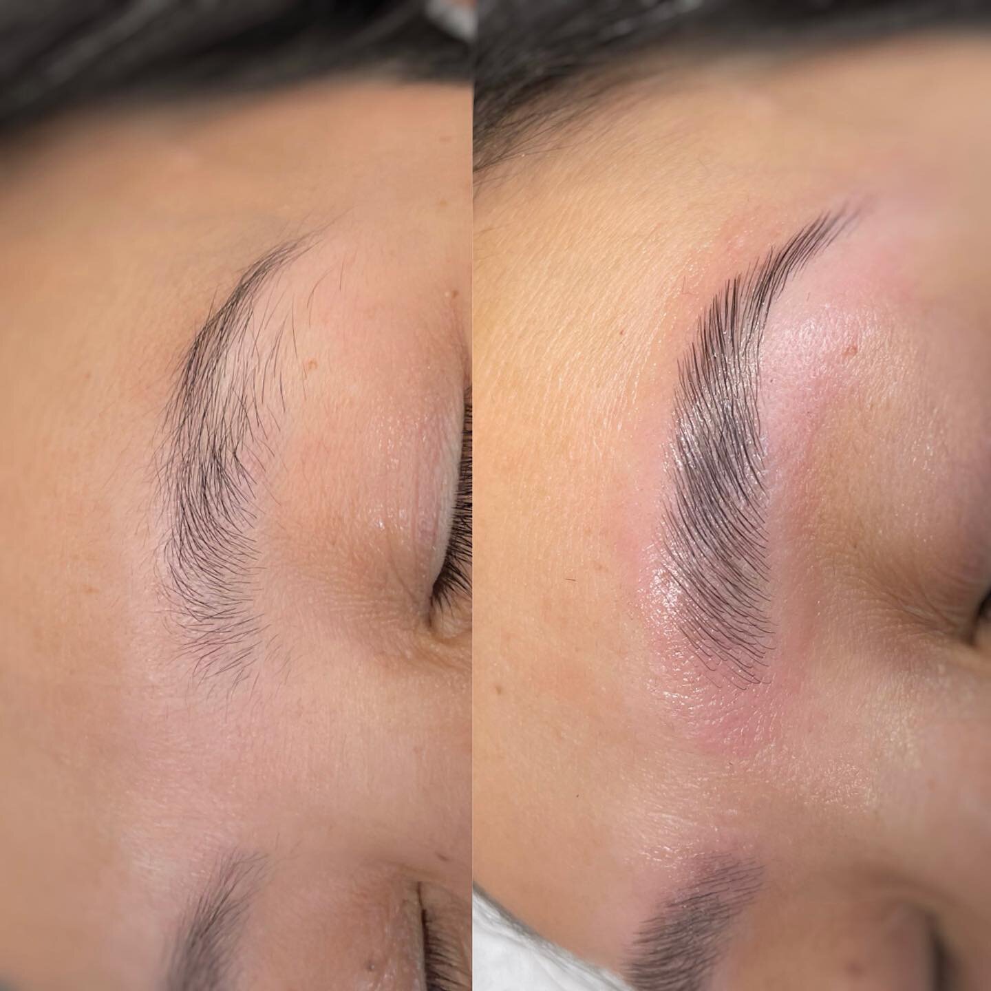 Swipe &mdash;&gt; to the second photo to see a close up of how lamination tamed the several different directions of hair growth to create a sleek, fuller looking brow. We omitted the tint and opted for just a lami with shaping and it turned out beaut