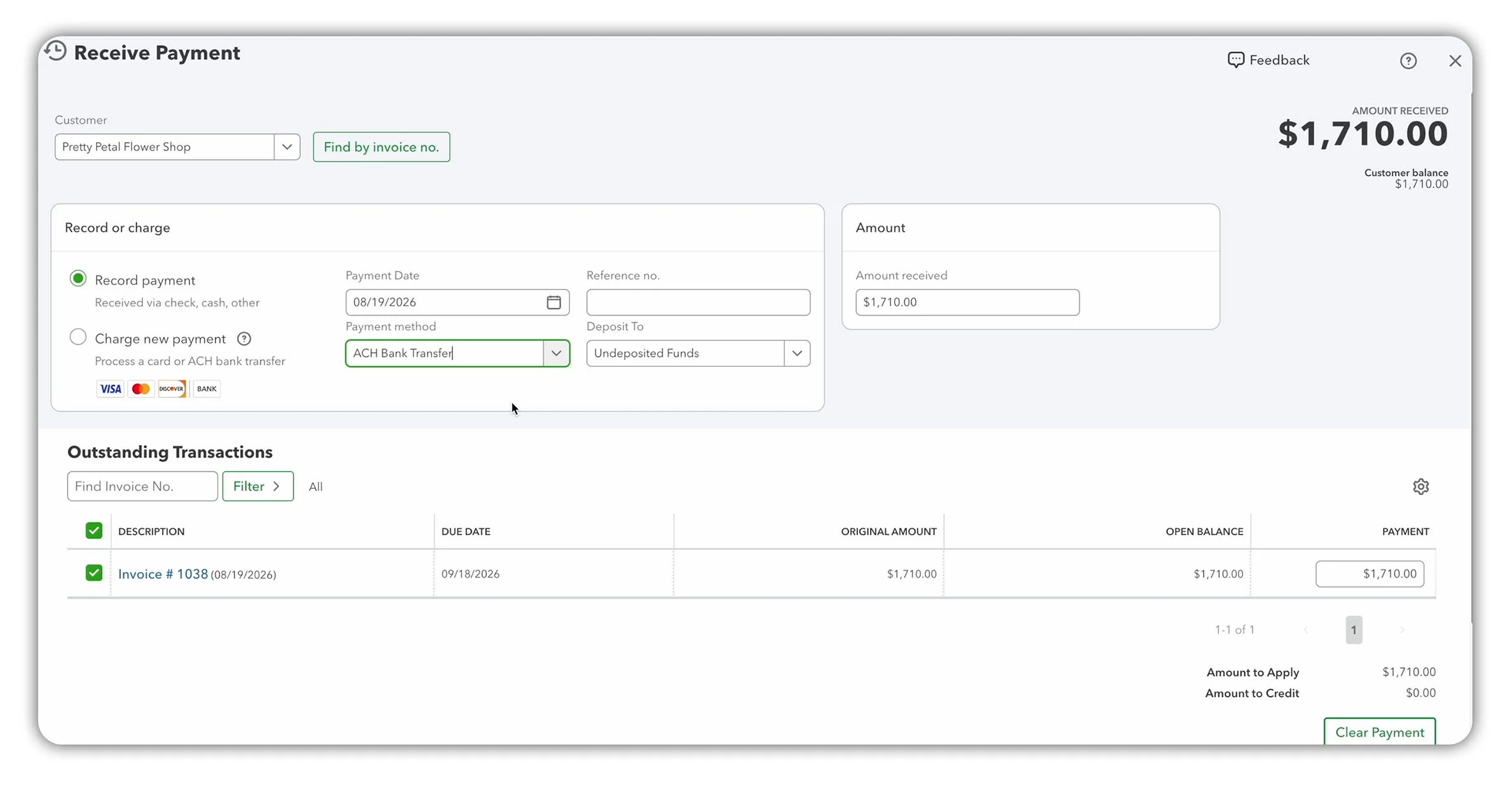 QuickBooks Online Receive Payment form showing a $1,710 ACH transfer applied to Invoice 1038.