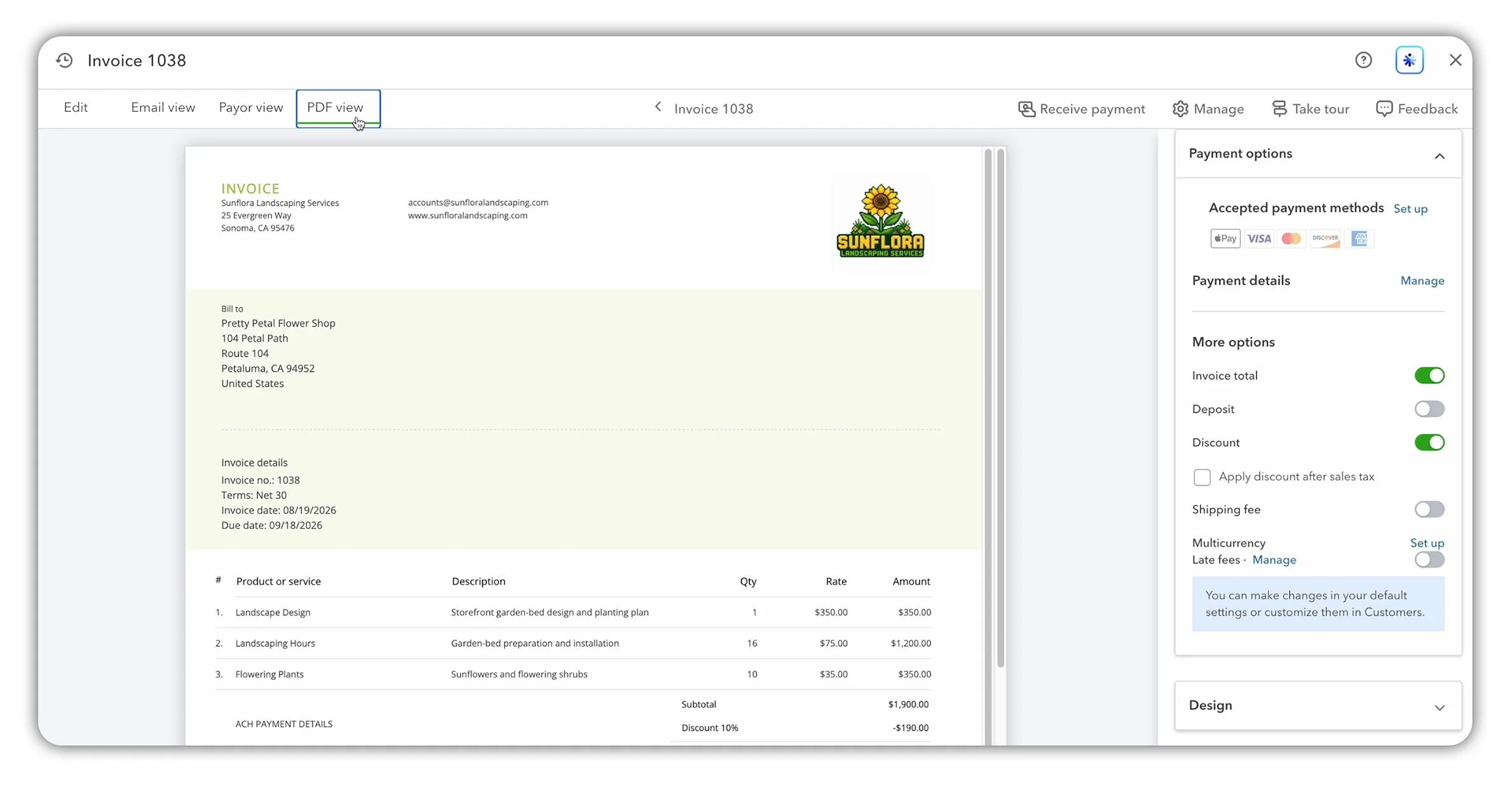 QuickBooks Online PDF view previewing Invoice 1038 for Pretty Petal Flower Shop before it is sent.