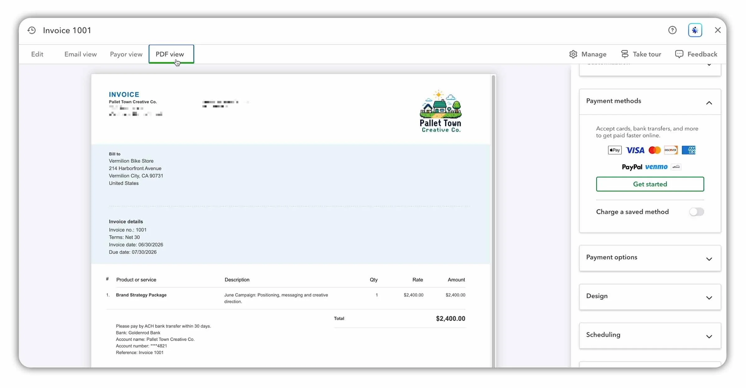 QuickBooks Online preview of an invoice before it is sent to a customer
