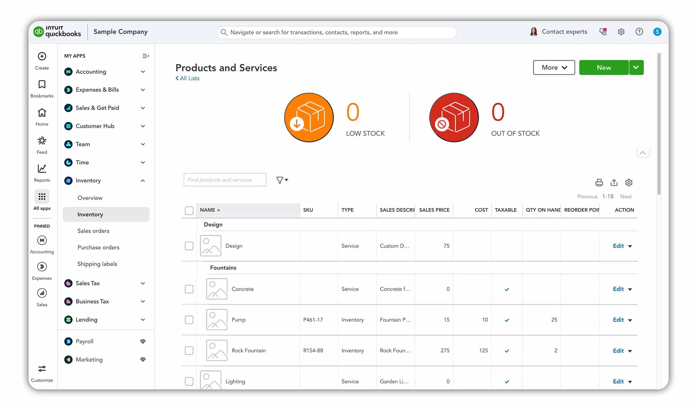 QuickBooks Online Plus inventory screen showing products and services, stock quantities, purchase costs, sales prices and low-stock alerts.