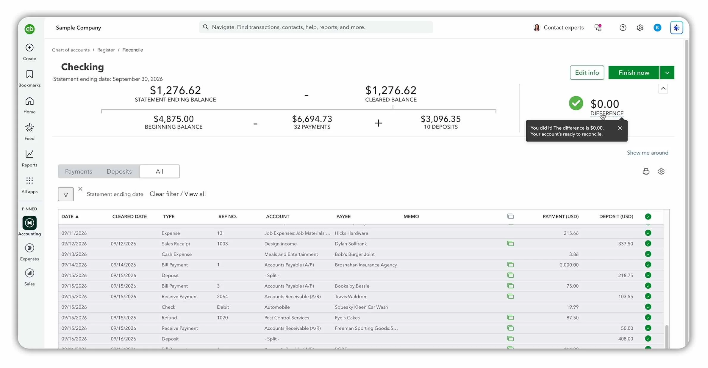 QuickBooks Online reconciliation screen showing the Checking account with a Statement Ending Balance of $1,276.62, a Cleared Balance of $1,276.62 and a Difference of $0.00.