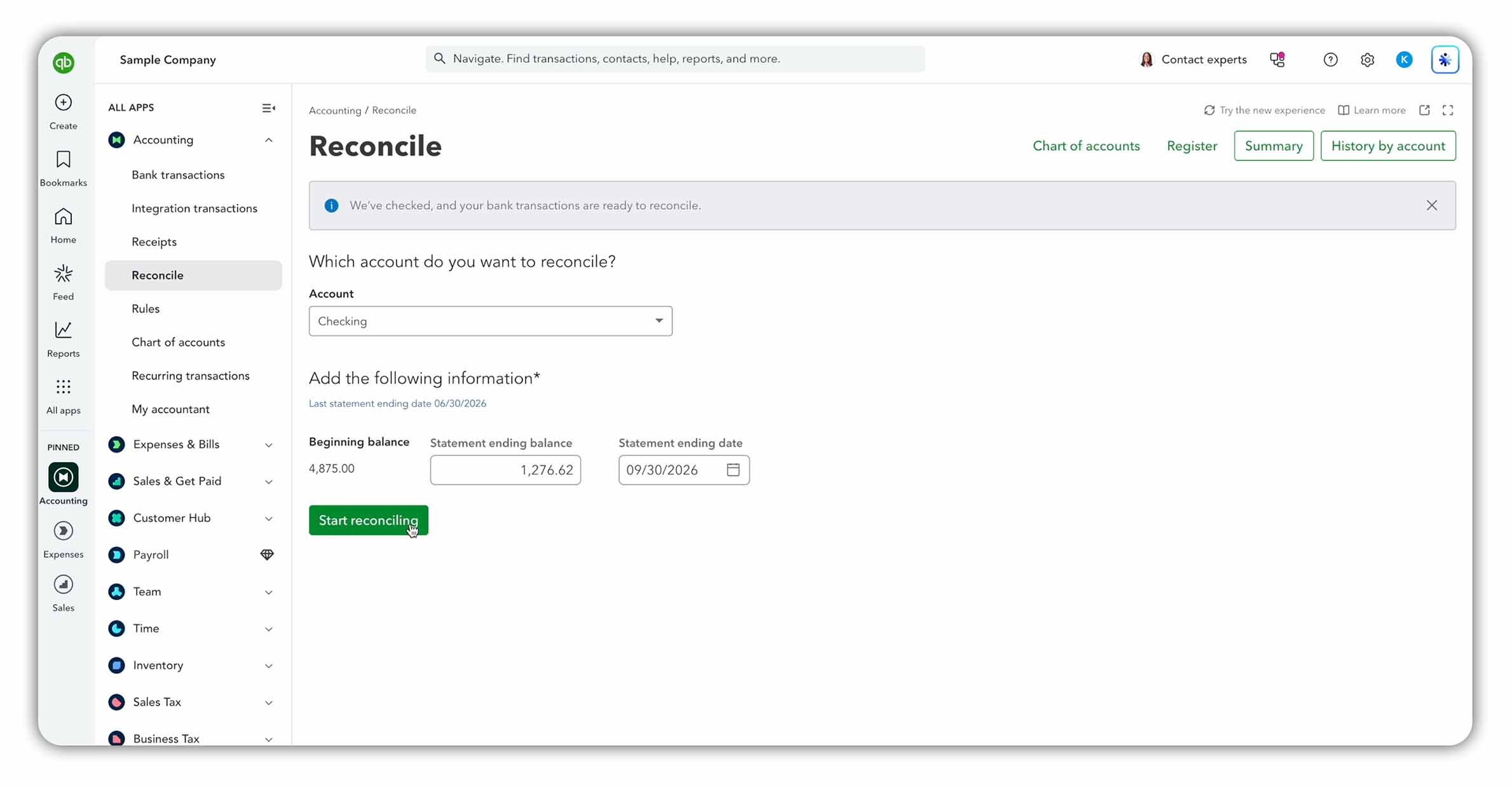 QuickBooks Online Reconcile screen showing the Checking account, beginning balance, statement ending balance of $1,276.62 and statement ending date of 09/30/2026.