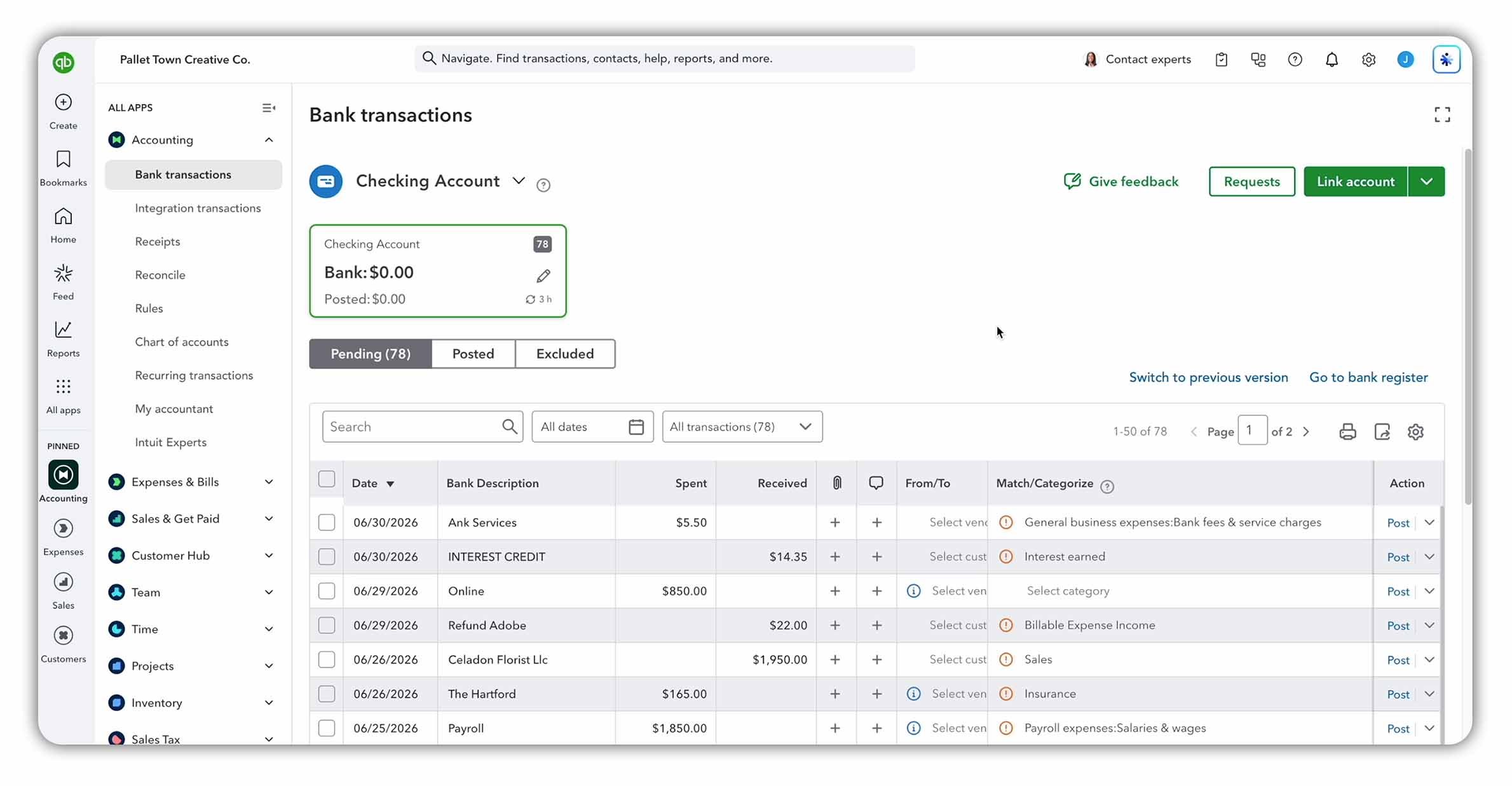 QuickBooks Online bank feed showing pending transactions and suggested categories