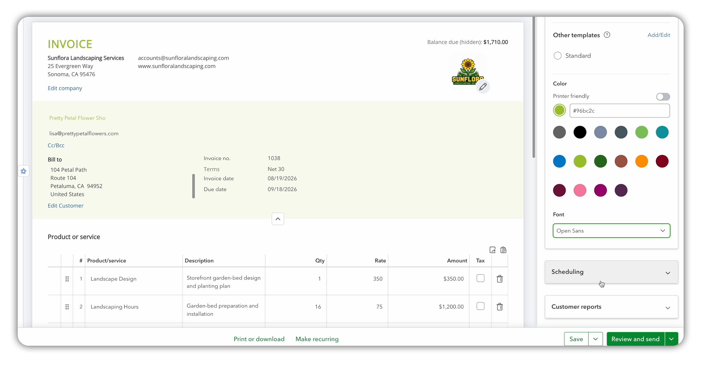 QuickBooks Online Customization panel showing the Sunflora invoice with the Modern template, green accent color and Open Sans font.