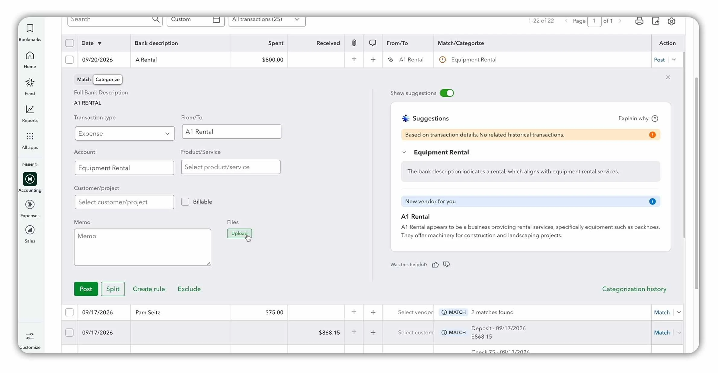 QuickBooks Online Categorize screen showing an $800 A1 Rental payment assigned to the Equipment Rental expense account.
