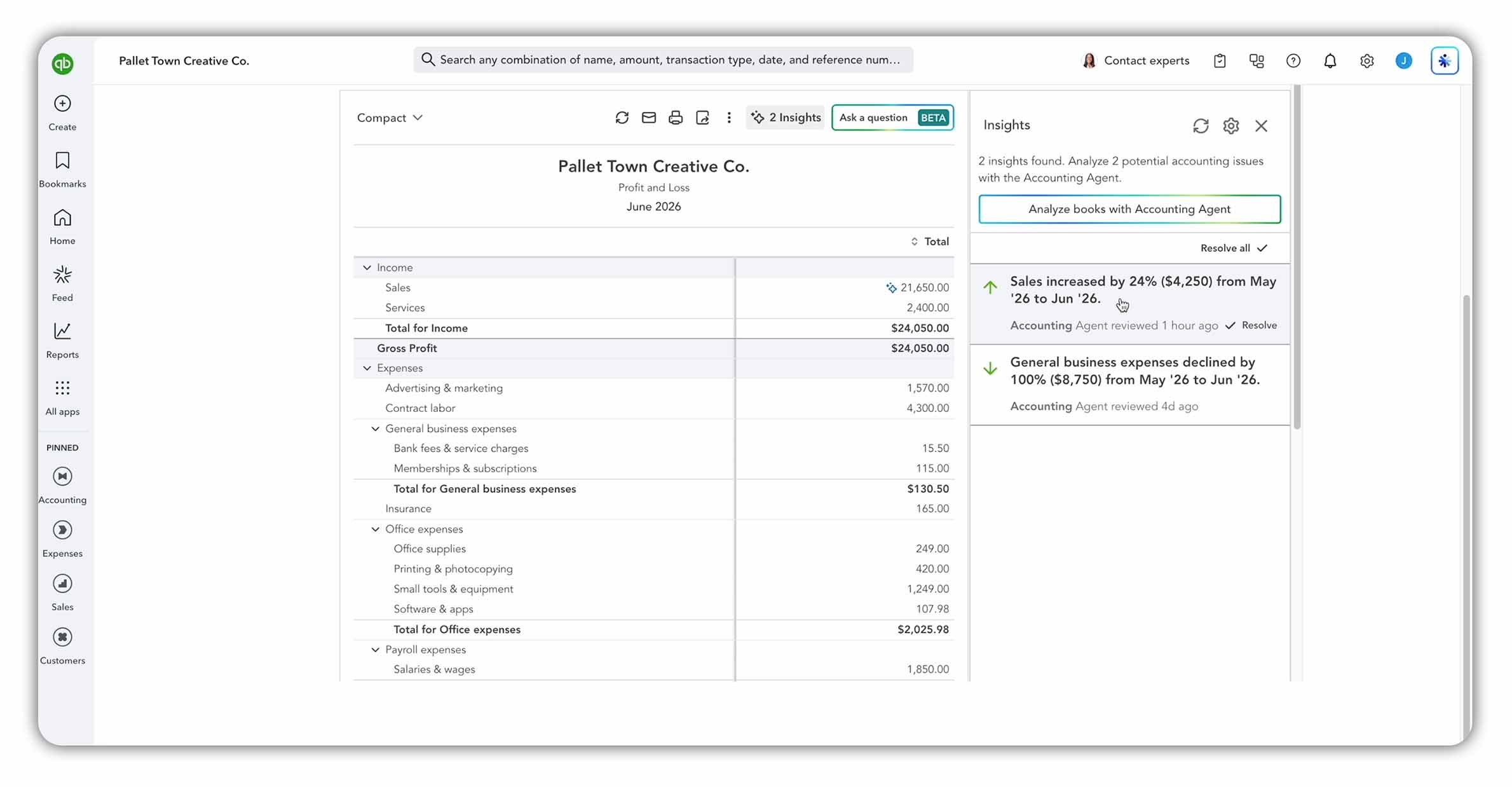 QuickBooks Online Profit and Loss report showing AI-powered accounting insights