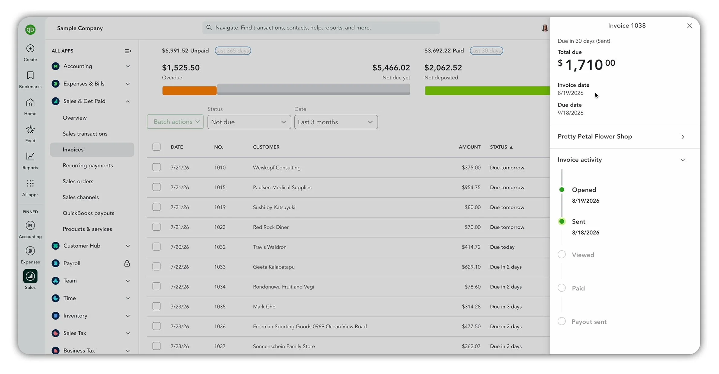 QuickBooks Online invoice details panel showing Invoice 1038 with a $1,710 balance, due date and Sent status in the activity timeline.
