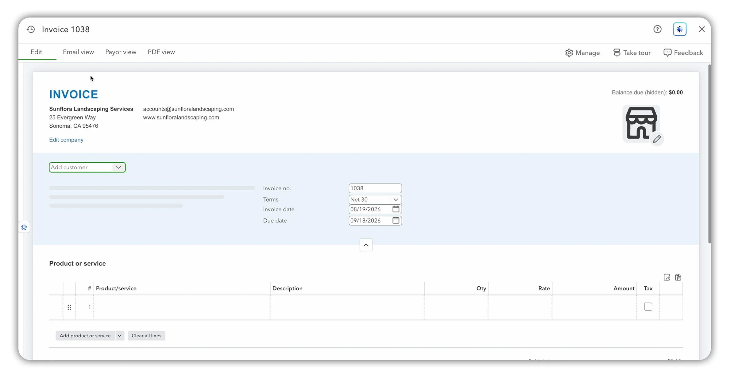 Blank QuickBooks Online invoice form with fields for the customer, invoice dates, payment terms, products and services.