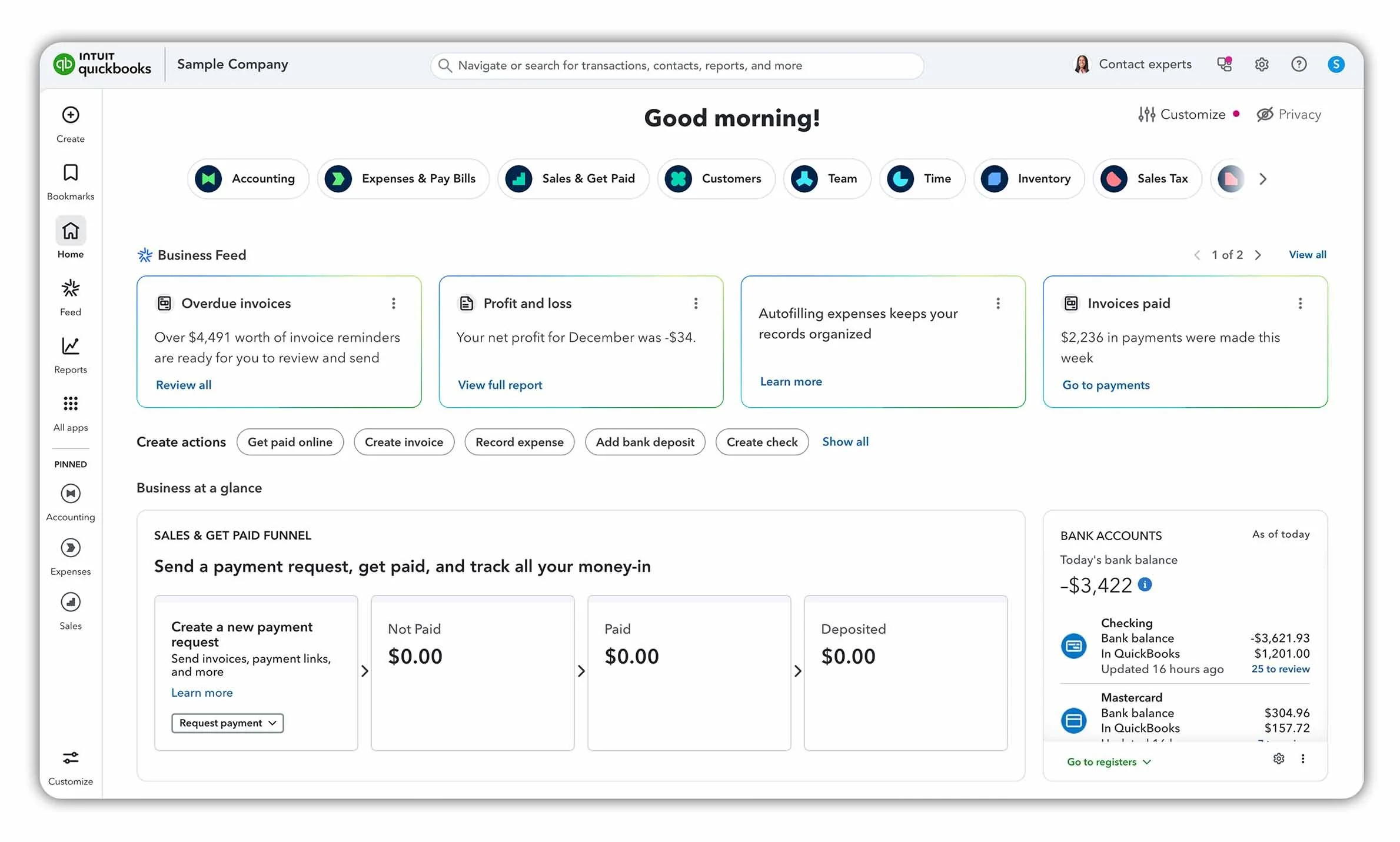 The QuickBooks Online Dashboard in 2026.