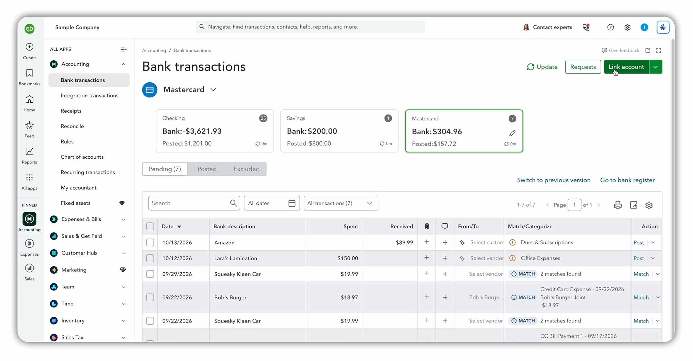 QuickBooks Online Bank Transactions page showing Checking, Savings and Mastercard accounts, Pending and Posted tabs, and the Link account button.